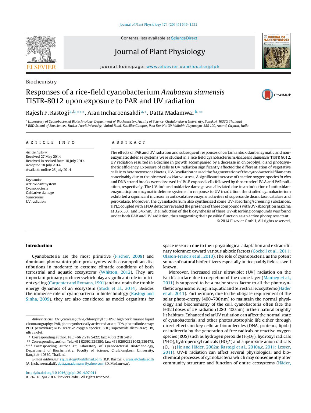 Responses of a rice-field cyanobacterium Anabaena siamensis TISTR-8012 upon exposure to PAR and UV radiation