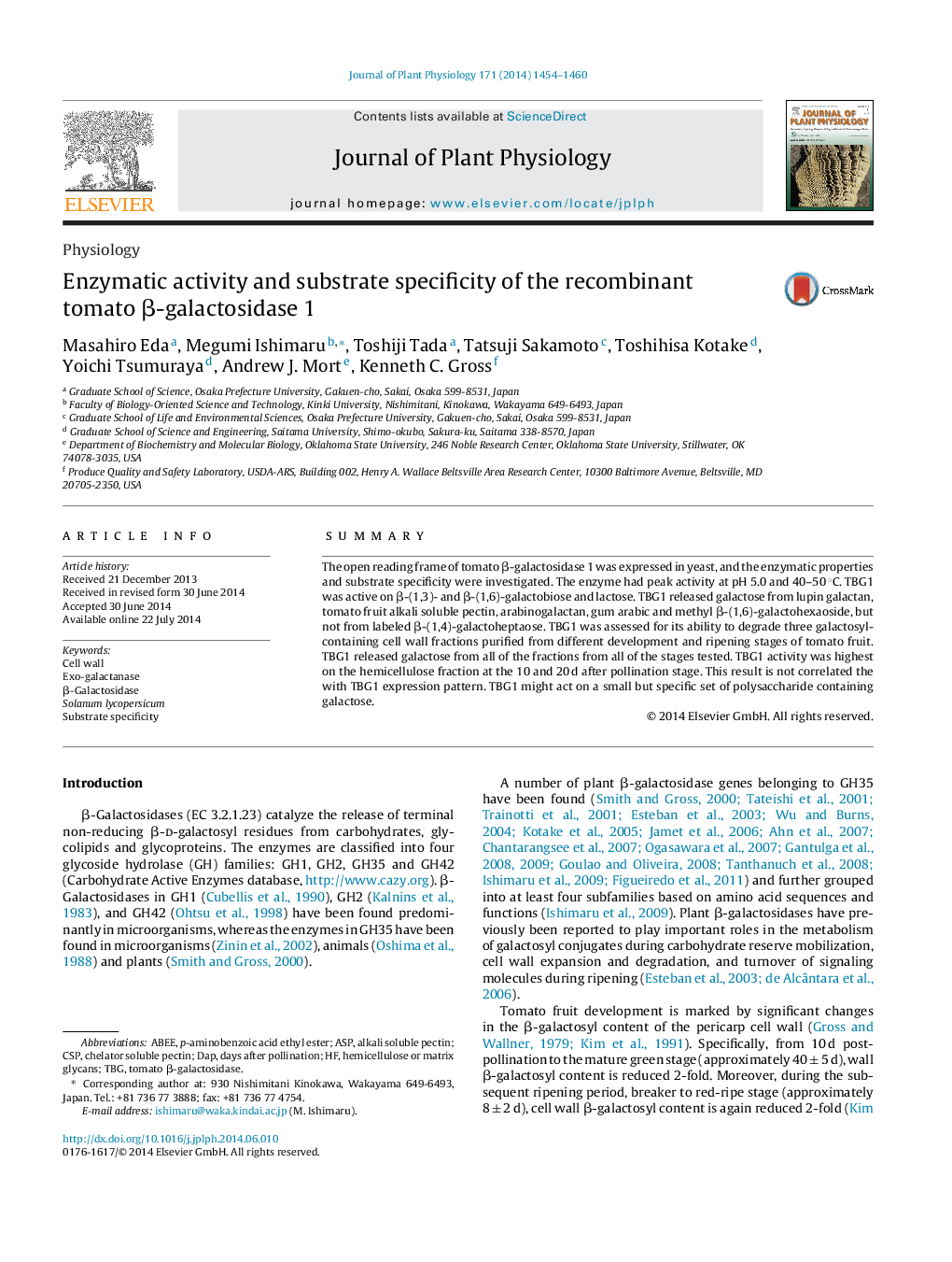 Enzymatic activity and substrate specificity of the recombinant tomato β-galactosidase 1