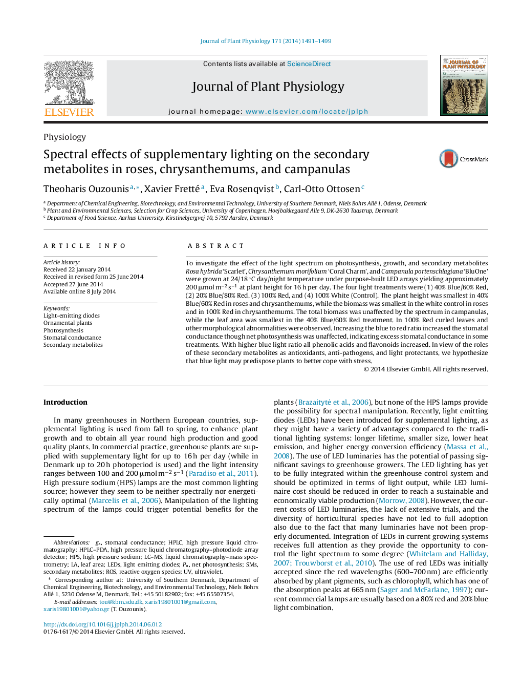 Spectral effects of supplementary lighting on the secondary metabolites in roses, chrysanthemums, and campanulas