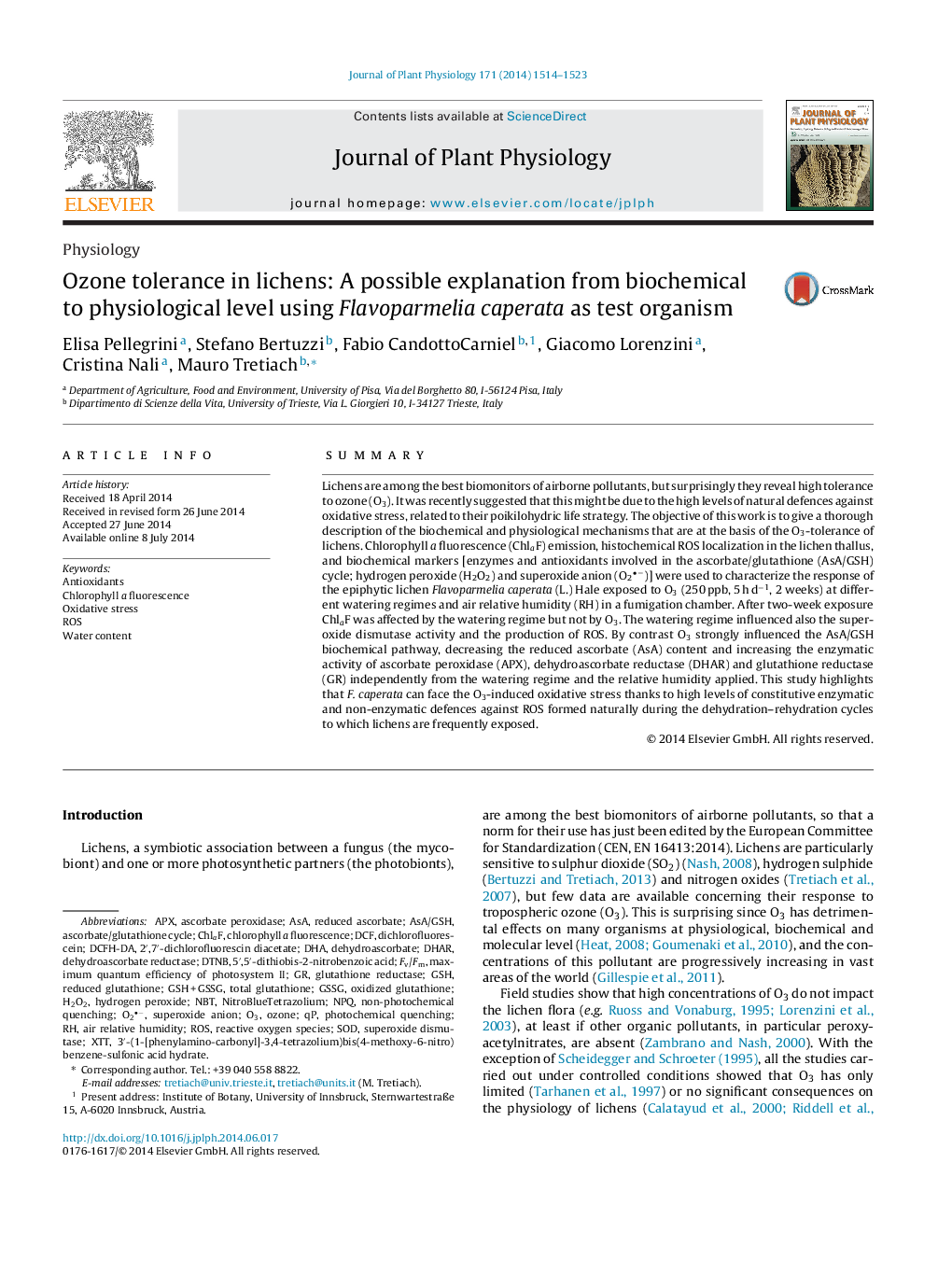 Ozone tolerance in lichens: A possible explanation from biochemical to physiological level using Flavoparmelia caperata as test organism