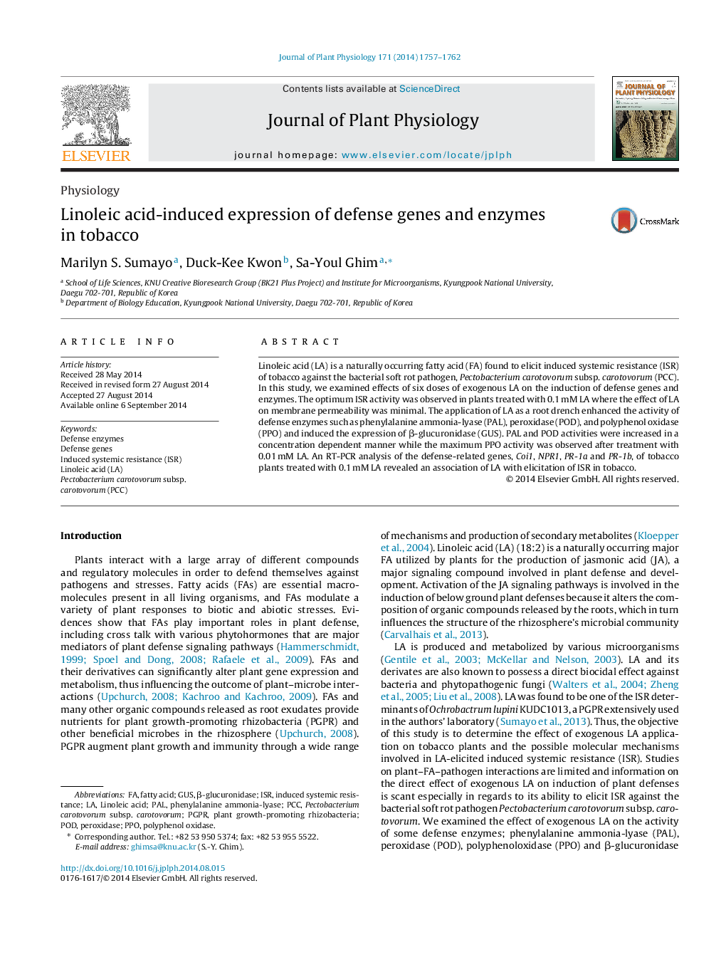 Linoleic acid-induced expression of defense genes and enzymes in tobacco