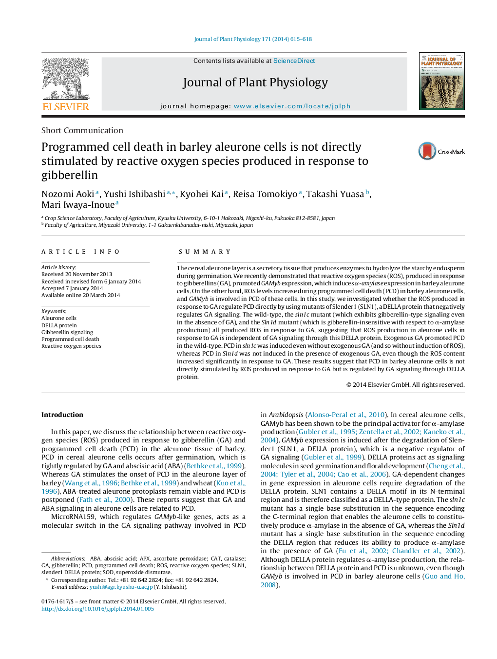 Programmed cell death in barley aleurone cells is not directly stimulated by reactive oxygen species produced in response to gibberellin