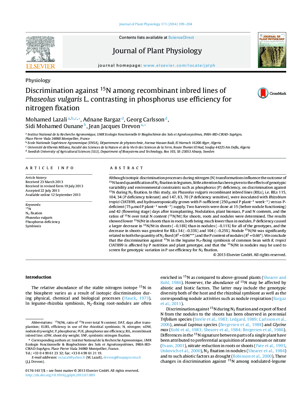 Discrimination against 15N among recombinant inbred lines of Phaseolus vulgaris L. contrasting in phosphorus use efficiency for nitrogen fixation