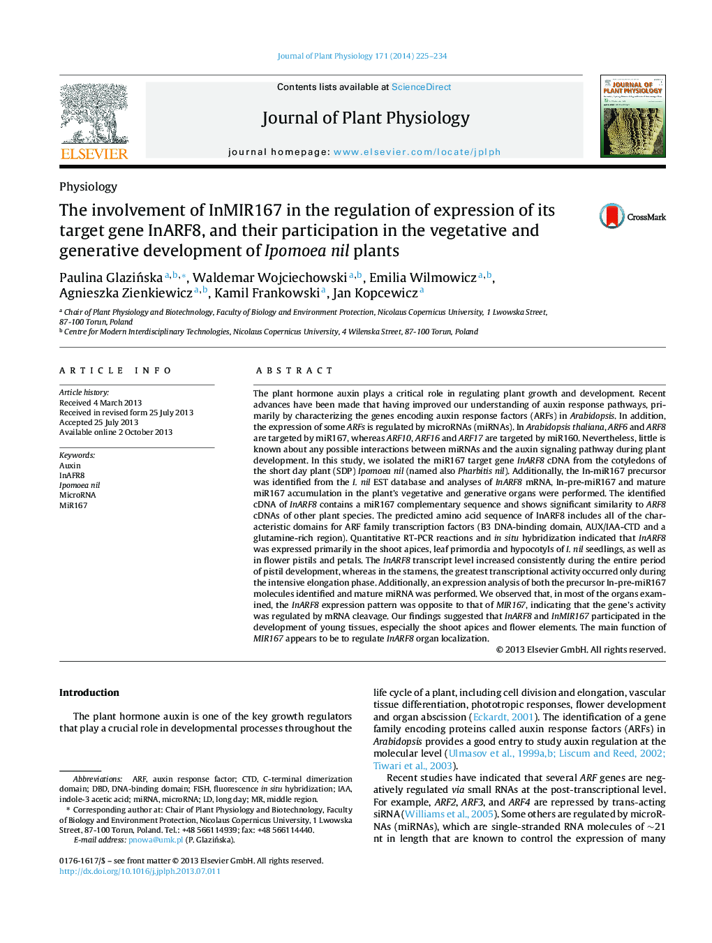 The involvement of InMIR167 in the regulation of expression of its target gene InARF8, and their participation in the vegetative and generative development of Ipomoea nil plants