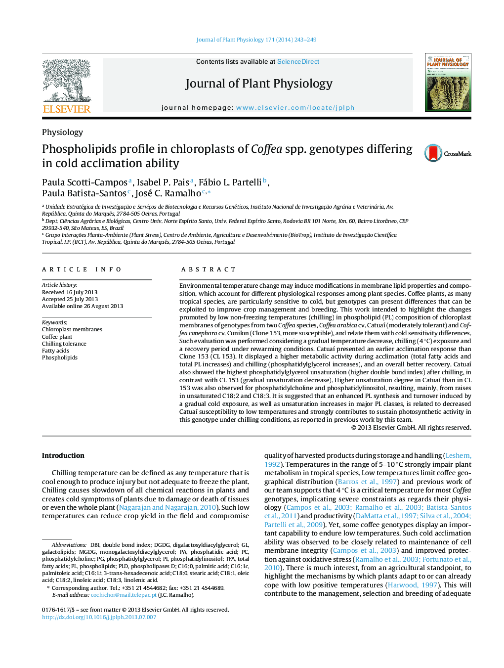 Phospholipids profile in chloroplasts of Coffea spp. genotypes differing in cold acclimation ability