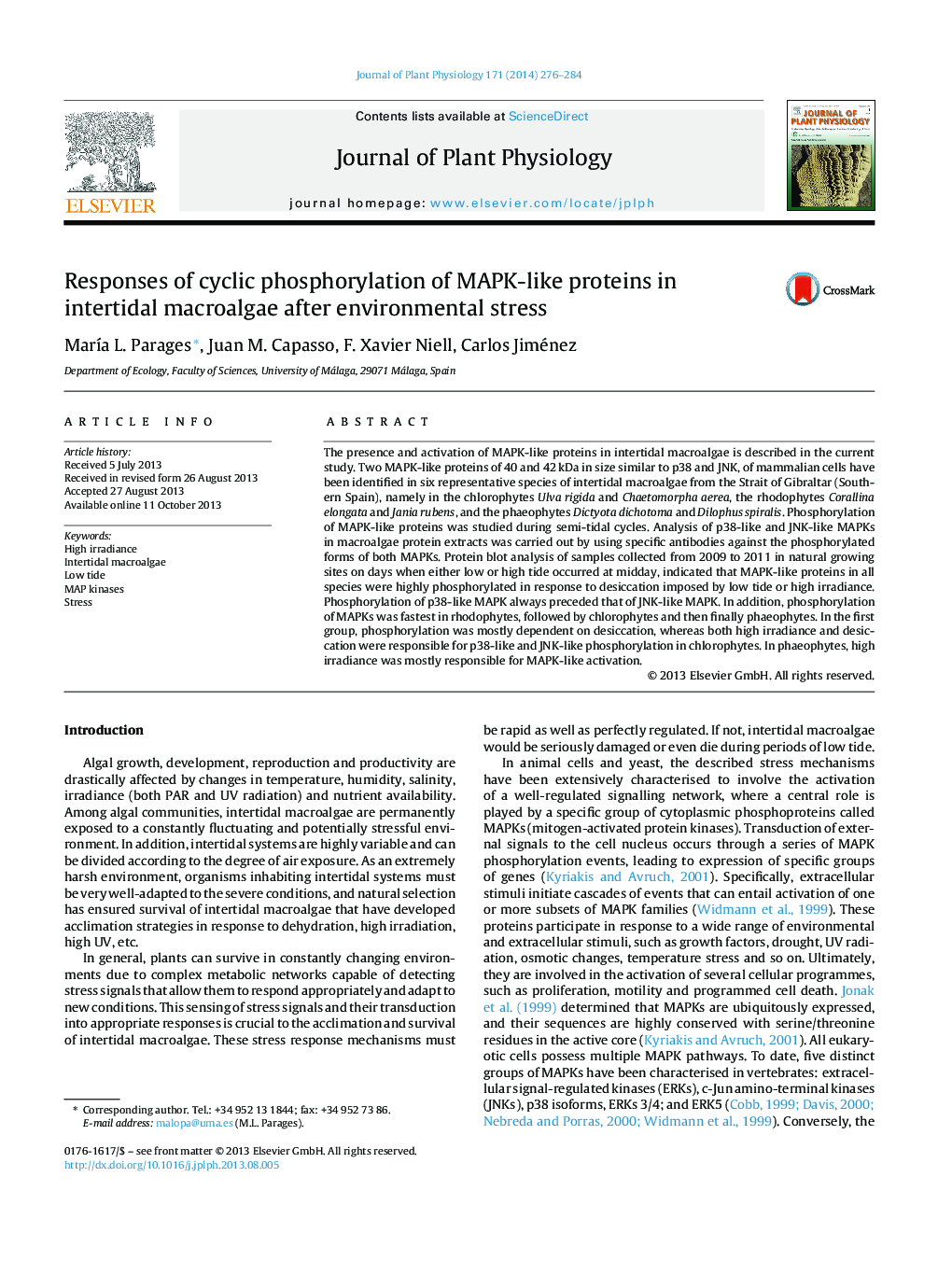 Responses of cyclic phosphorylation of MAPK-like proteins in intertidal macroalgae after environmental stress