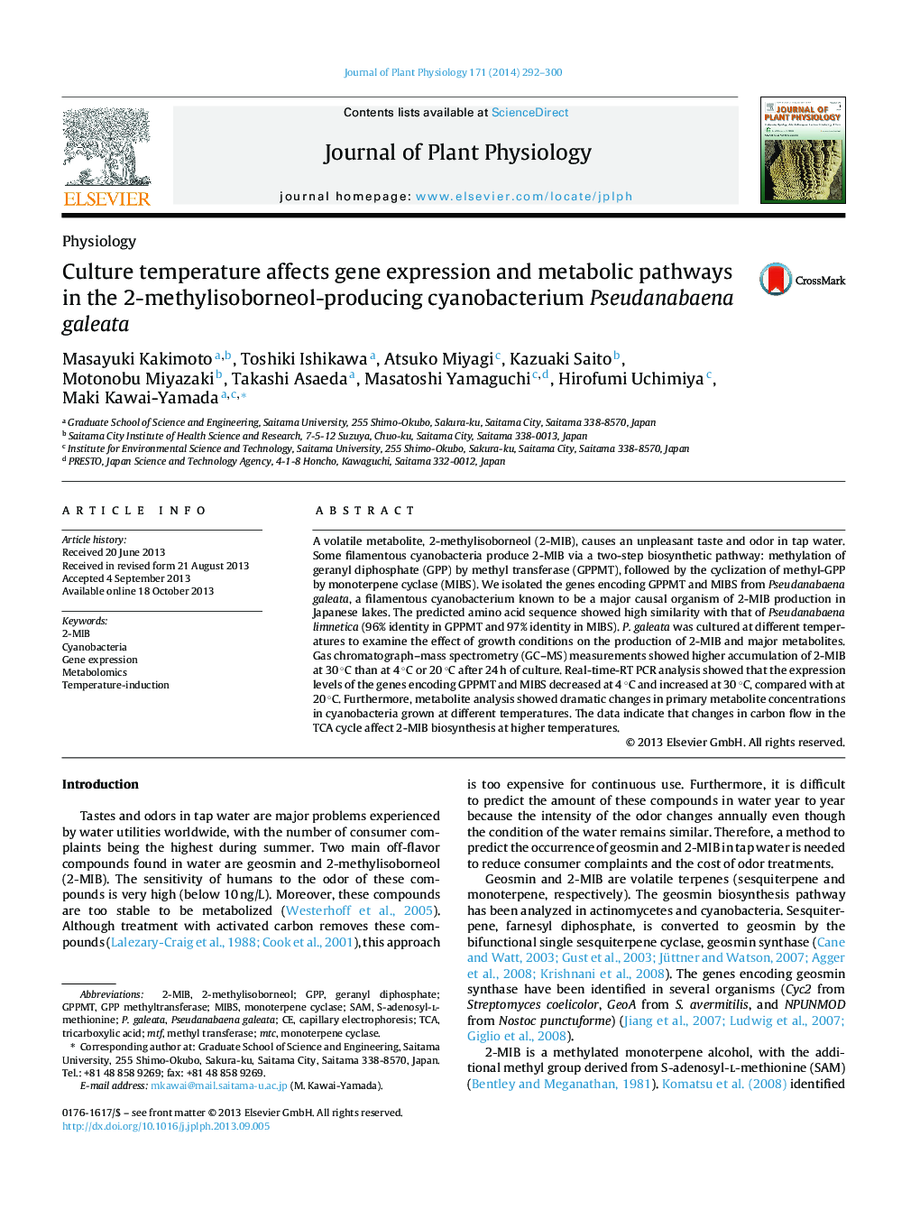 Culture temperature affects gene expression and metabolic pathways in the 2-methylisoborneol-producing cyanobacterium Pseudanabaena galeata