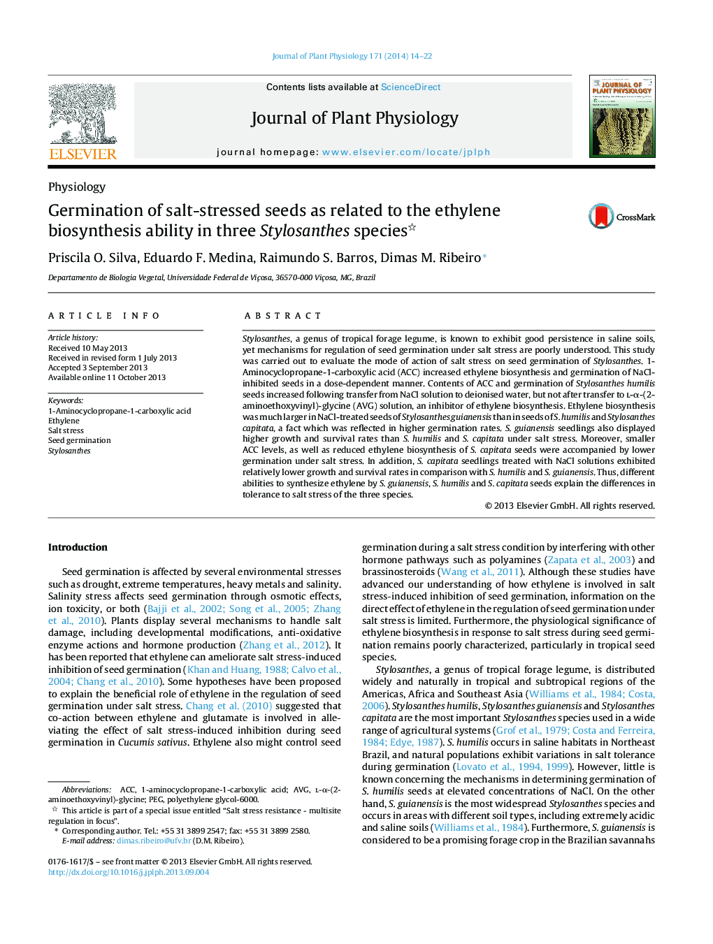 Germination of salt-stressed seeds as related to the ethylene biosynthesis ability in three Stylosanthes species 