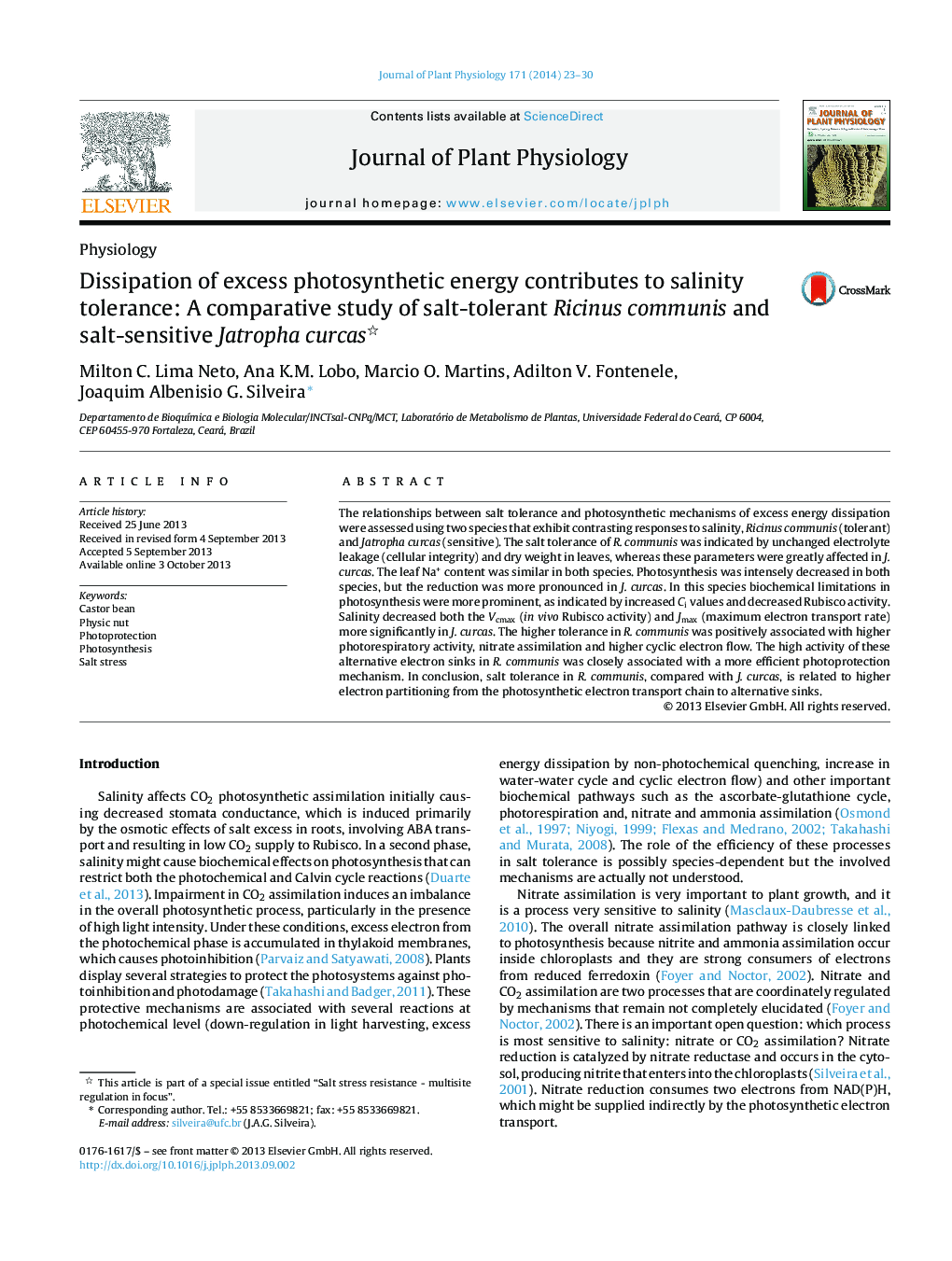 Dissipation of excess photosynthetic energy contributes to salinity tolerance: A comparative study of salt-tolerant Ricinus communis and salt-sensitive Jatropha curcas 