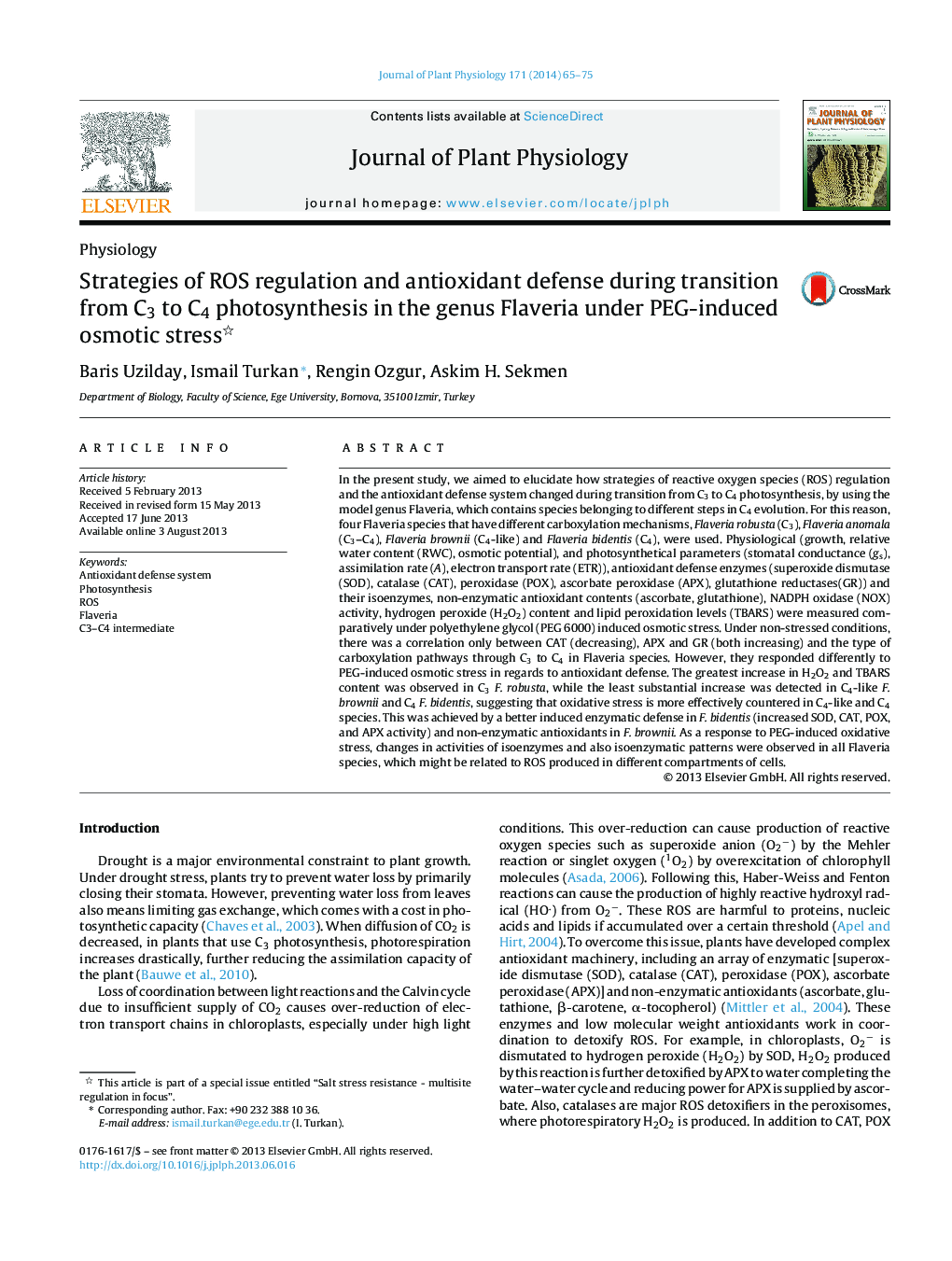 Strategies of ROS regulation and antioxidant defense during transition from C3 to C4 photosynthesis in the genus Flaveria under PEG-induced osmotic stress 