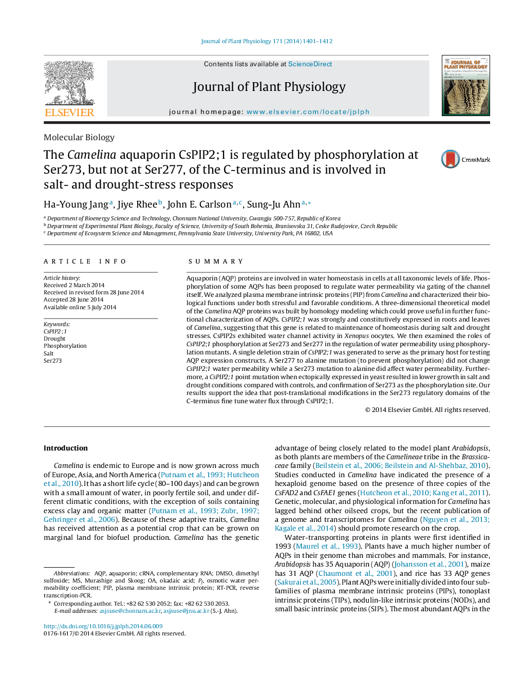 The Camelina aquaporin CsPIP2;1 is regulated by phosphorylation at Ser273, but not at Ser277, of the C-terminus and is involved in salt- and drought-stress responses