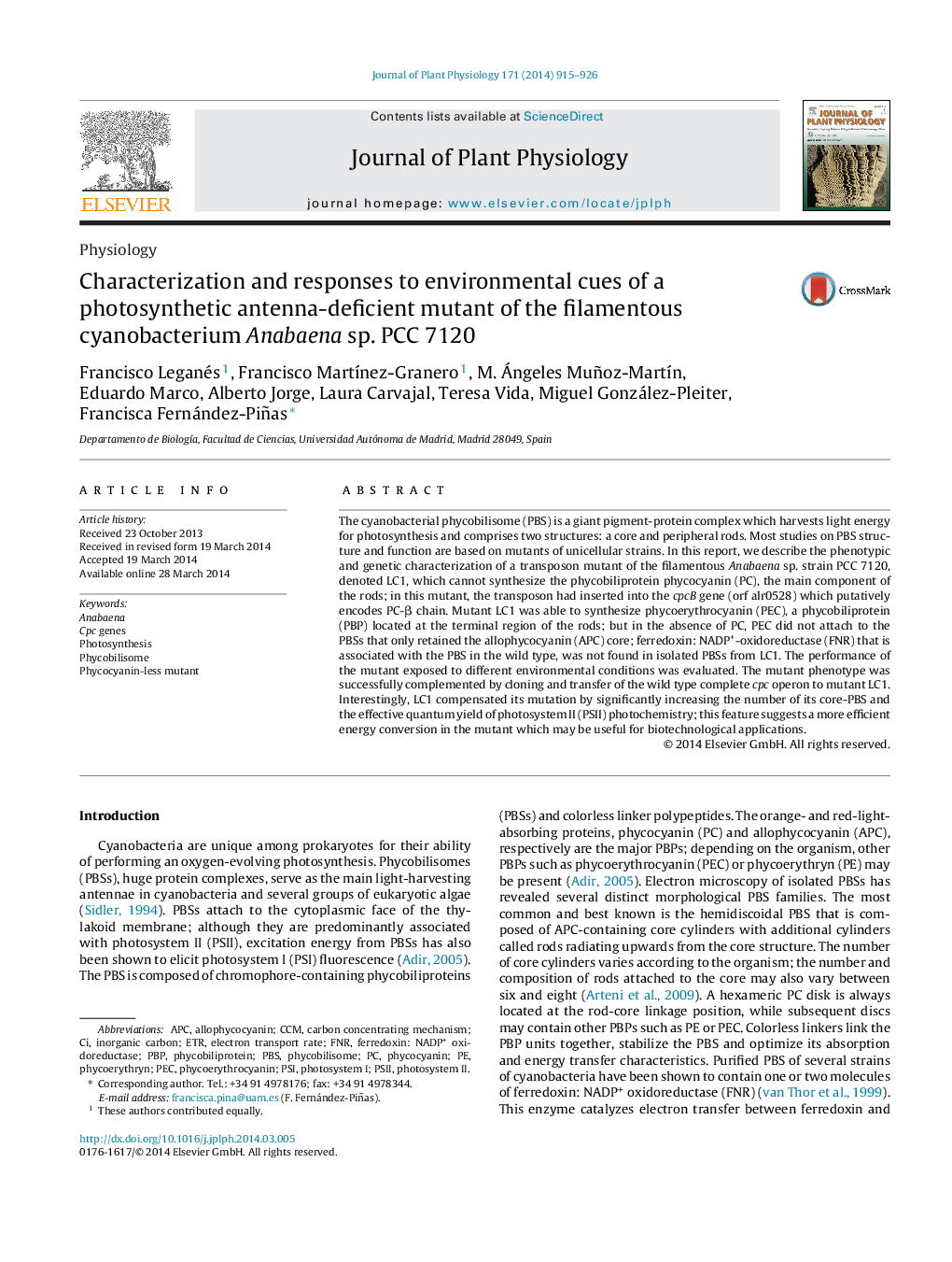 Characterization and responses to environmental cues of a photosynthetic antenna-deficient mutant of the filamentous cyanobacterium Anabaena sp. PCC 7120