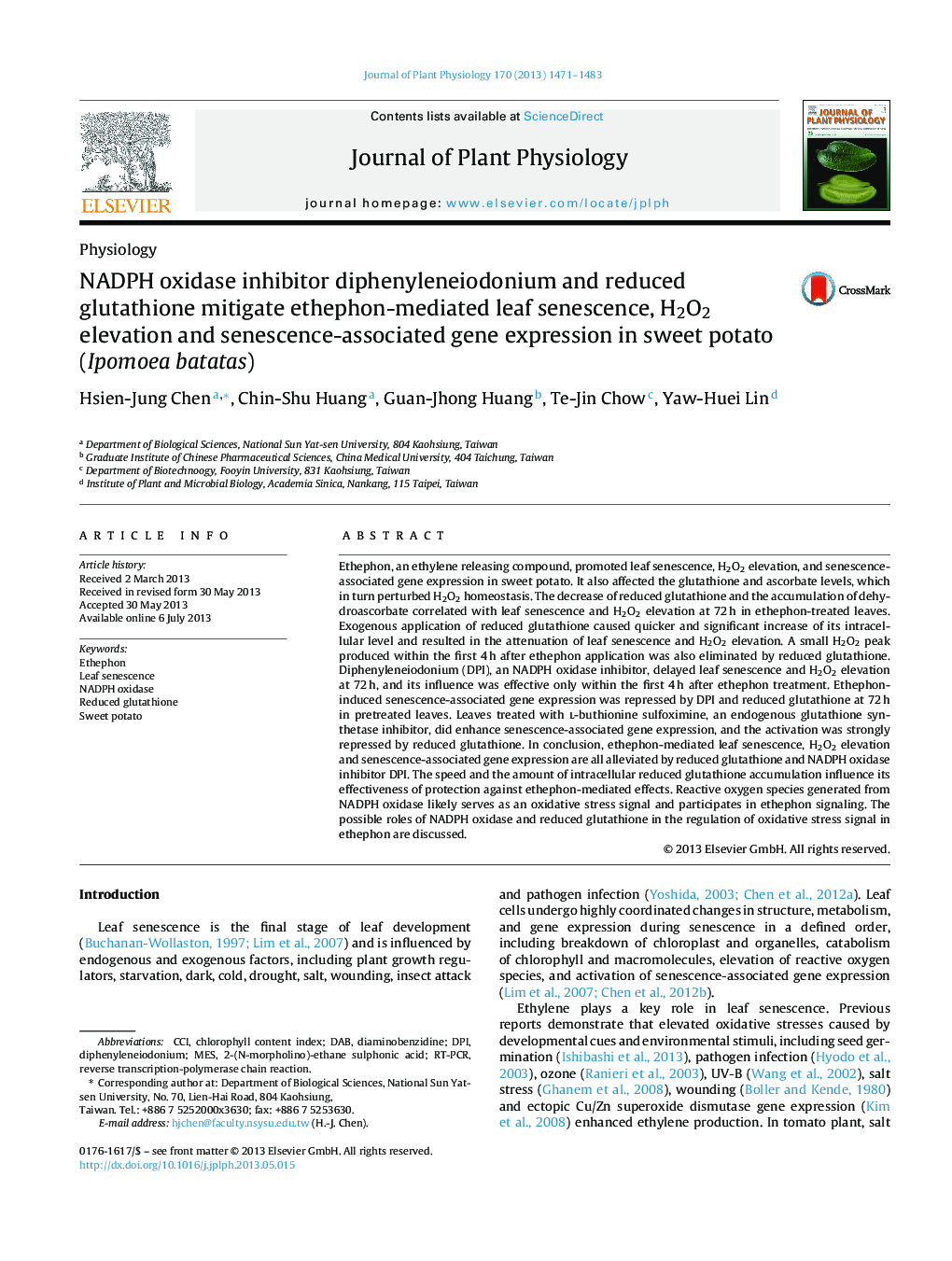 NADPH oxidase inhibitor diphenyleneiodonium and reduced glutathione mitigate ethephon-mediated leaf senescence, H2O2 elevation and senescence-associated gene expression in sweet potato (Ipomoea batatas)