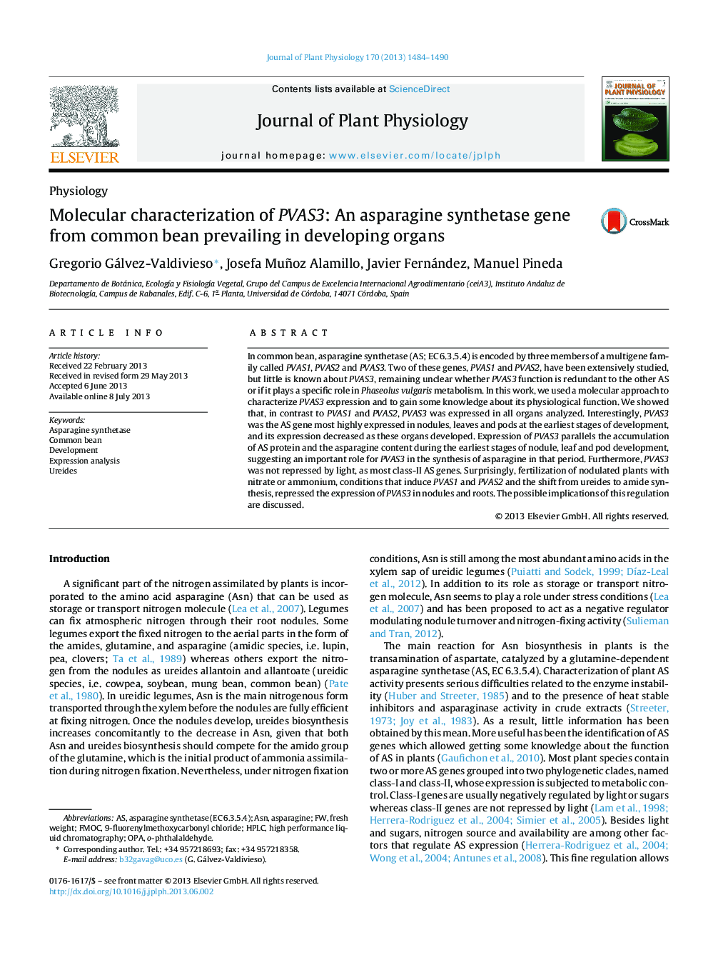 عکس صفحه اول مقاله: Molecular characterization of PVAS3: An asparagine synthetase gene from common bean prevailing in developing organs Molecular characterization of PVAS3: An asparagine synthetase gene from common bean prevailing in developing organs