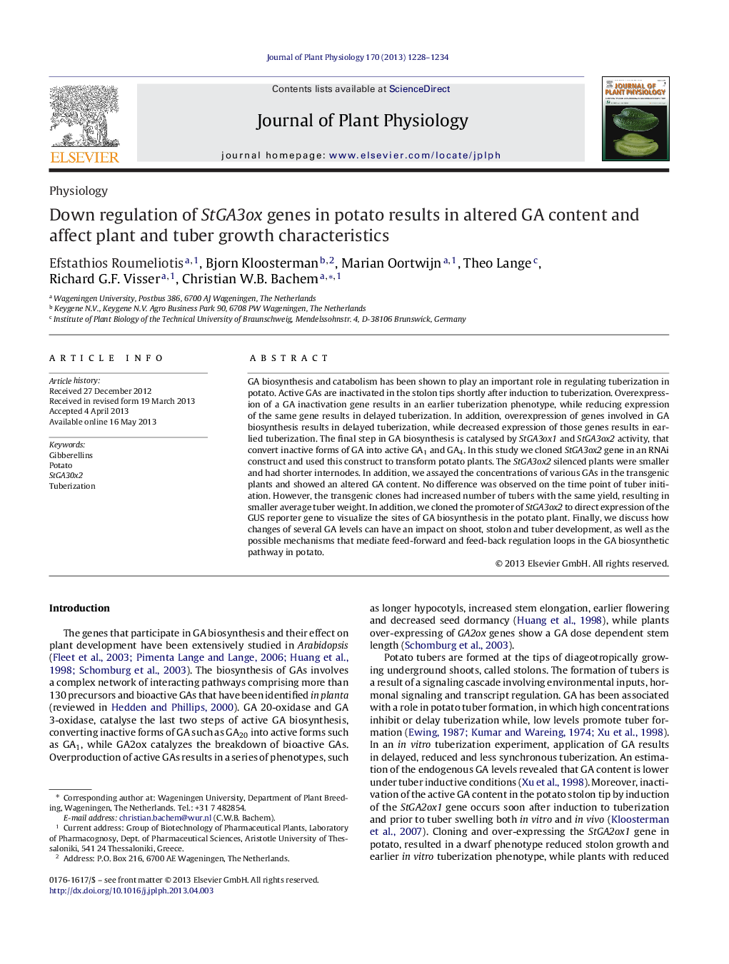 Down regulation of StGA3ox genes in potato results in altered GA content and affect plant and tuber growth characteristics