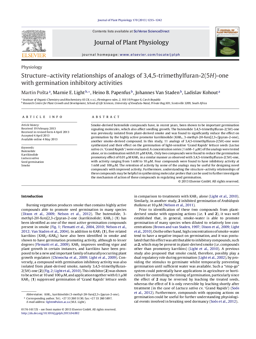 Structure–activity relationships of analogs of 3,4,5-trimethylfuran-2(5H)-one with germination inhibitory activities