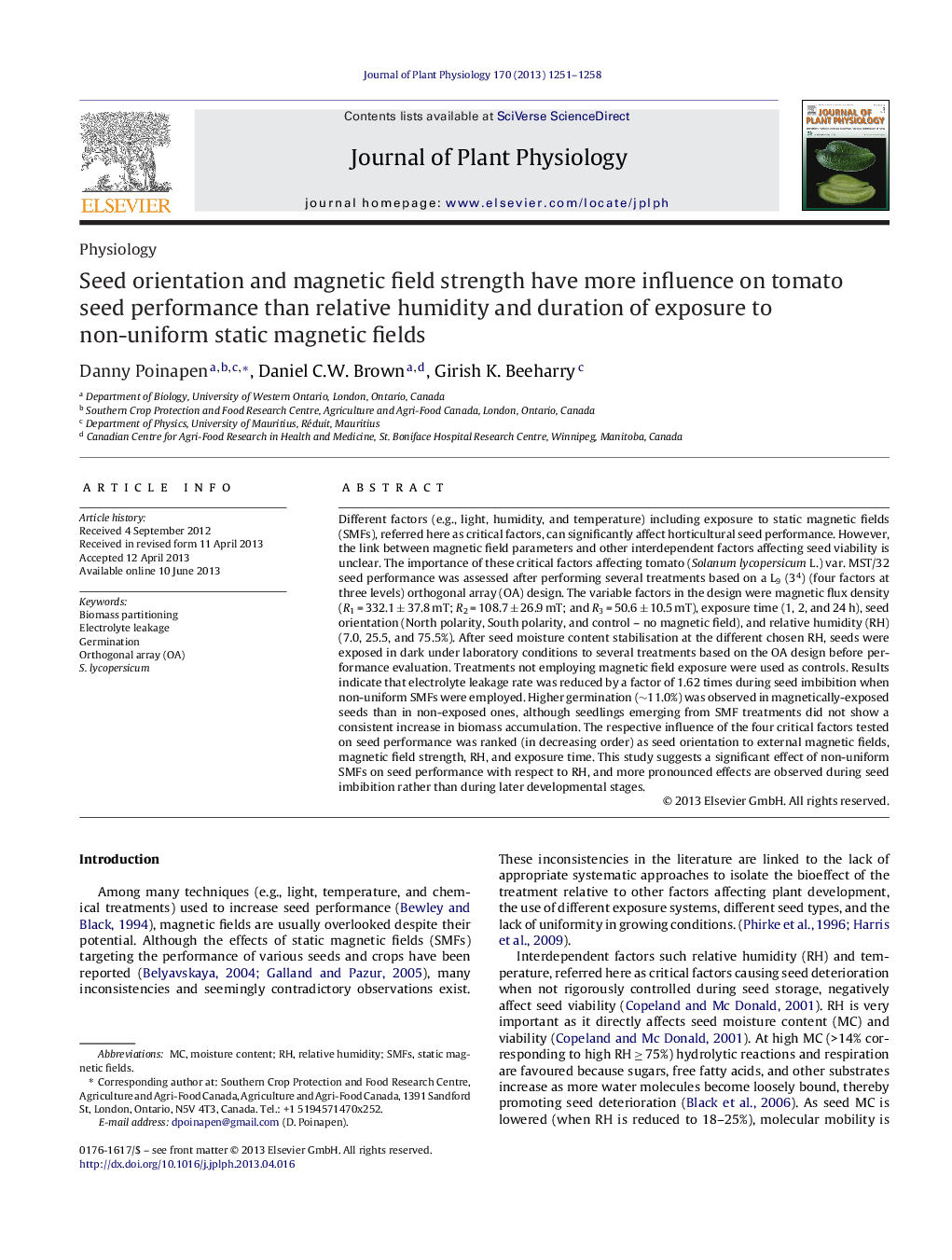 Seed orientation and magnetic field strength have more influence on tomato seed performance than relative humidity and duration of exposure to non-uniform static magnetic fields