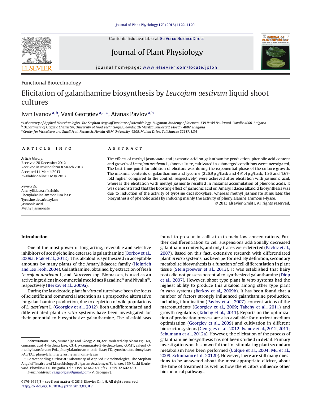 Elicitation of galanthamine biosynthesis by Leucojum aestivum liquid shoot cultures