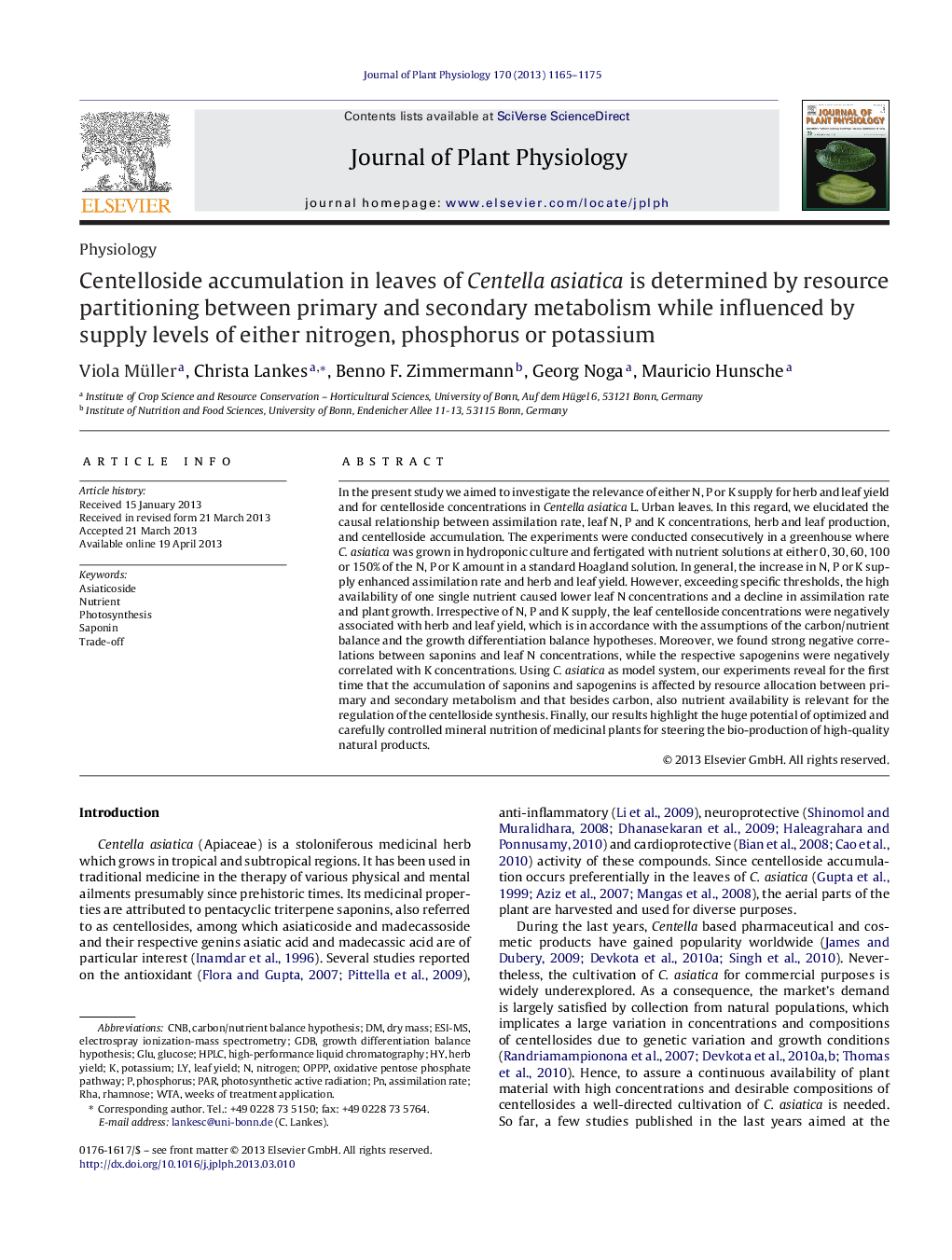 Centelloside accumulation in leaves of Centella asiatica is determined by resource partitioning between primary and secondary metabolism while influenced by supply levels of either nitrogen, phosphorus or potassium