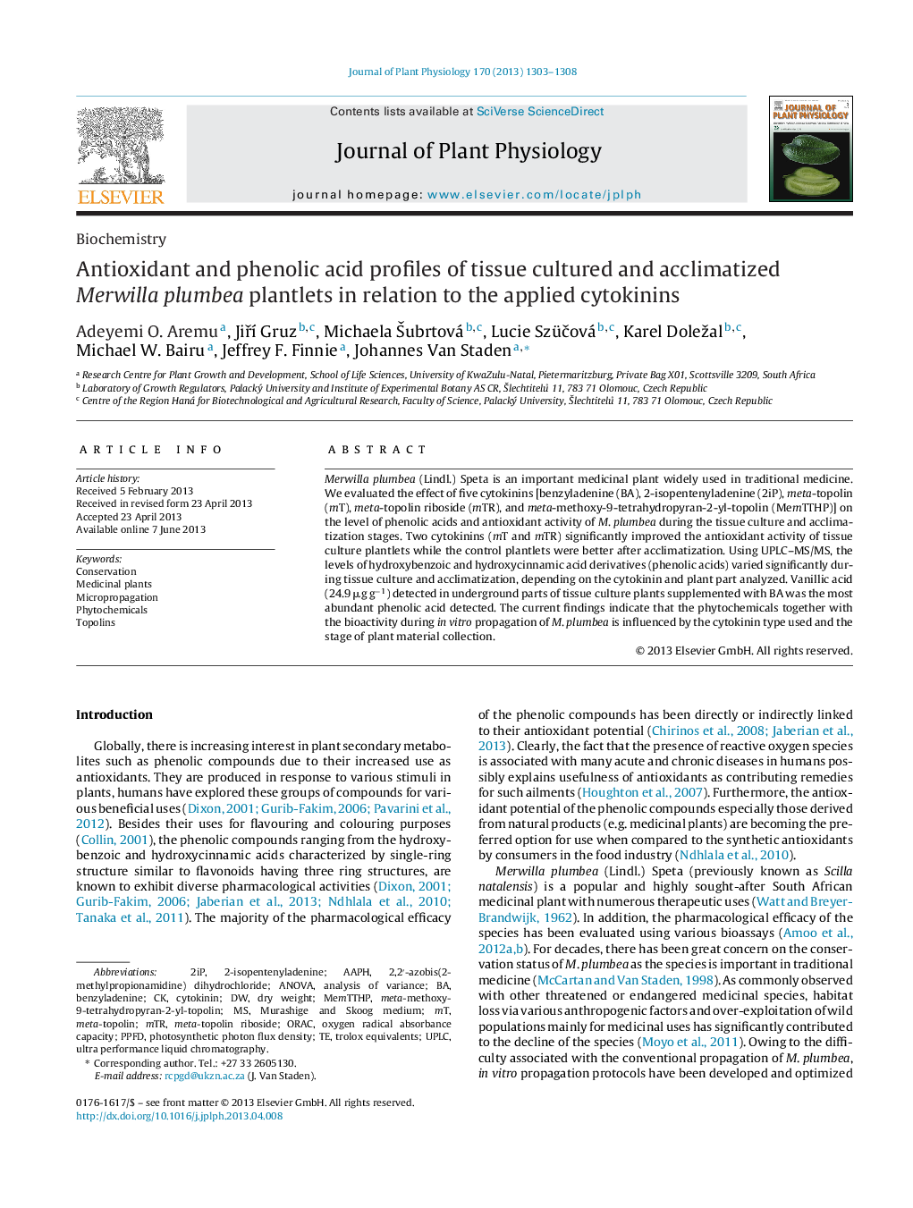 Antioxidant and phenolic acid profiles of tissue cultured and acclimatized Merwilla plumbea plantlets in relation to the applied cytokinins