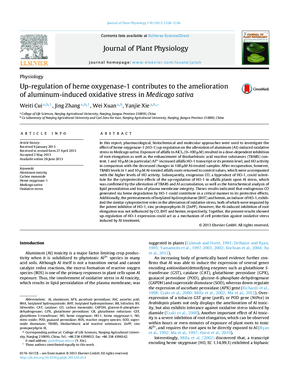 Up-regulation of heme oxygenase-1 contributes to the amelioration of aluminum-induced oxidative stress in Medicago sativa