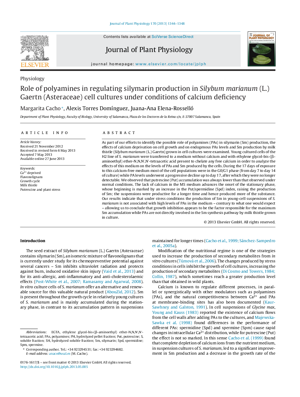 Role of polyamines in regulating silymarin production in Silybum marianum (L.) Gaertn (Asteraceae) cell cultures under conditions of calcium deficiency