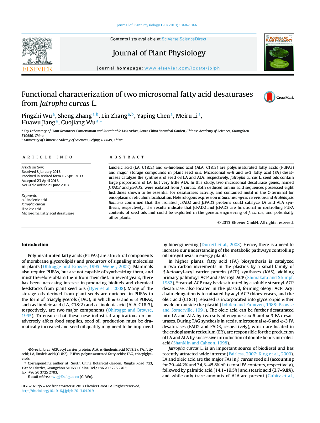 Functional characterization of two microsomal fatty acid desaturases from Jatropha curcas L.