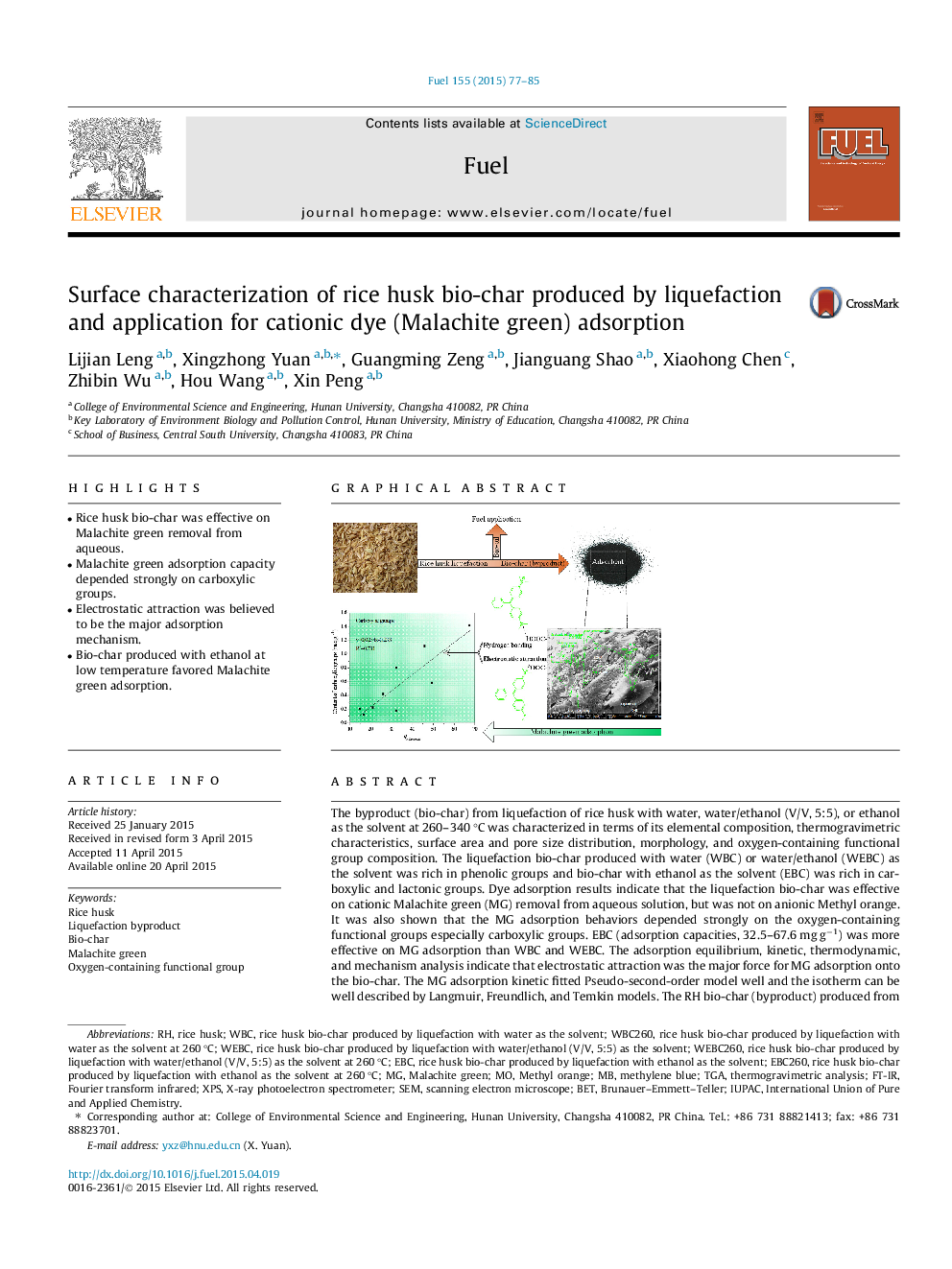 Surface characterization of rice husk bio-char produced by liquefaction and application for cationic dye (Malachite green) adsorption