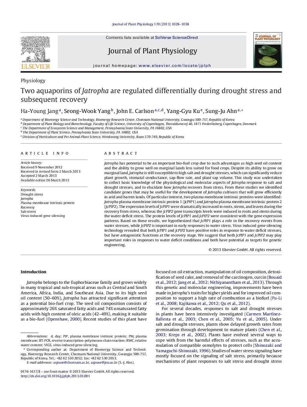 Two aquaporins of Jatropha are regulated differentially during drought stress and subsequent recovery