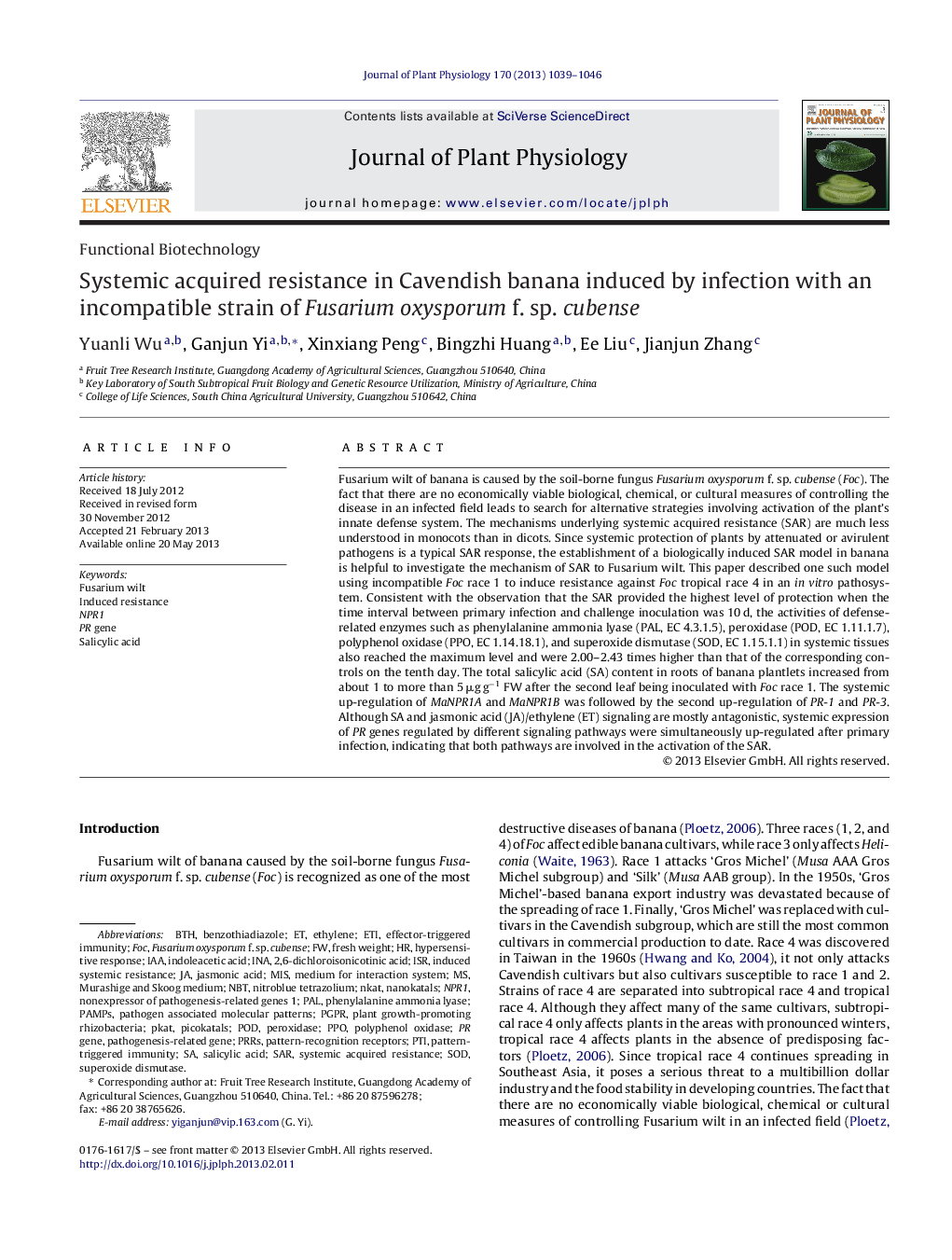 Systemic acquired resistance in Cavendish banana induced by infection with an incompatible strain of Fusarium oxysporum f. sp. cubense