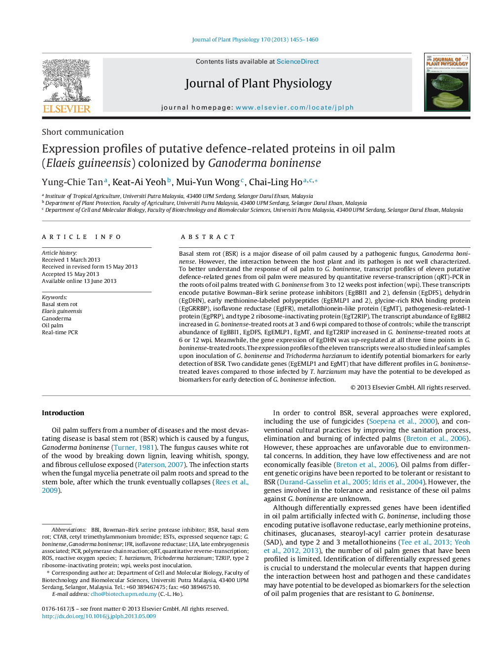 Expression profiles of putative defence-related proteins in oil palm (Elaeis guineensis) colonized by Ganoderma boninense