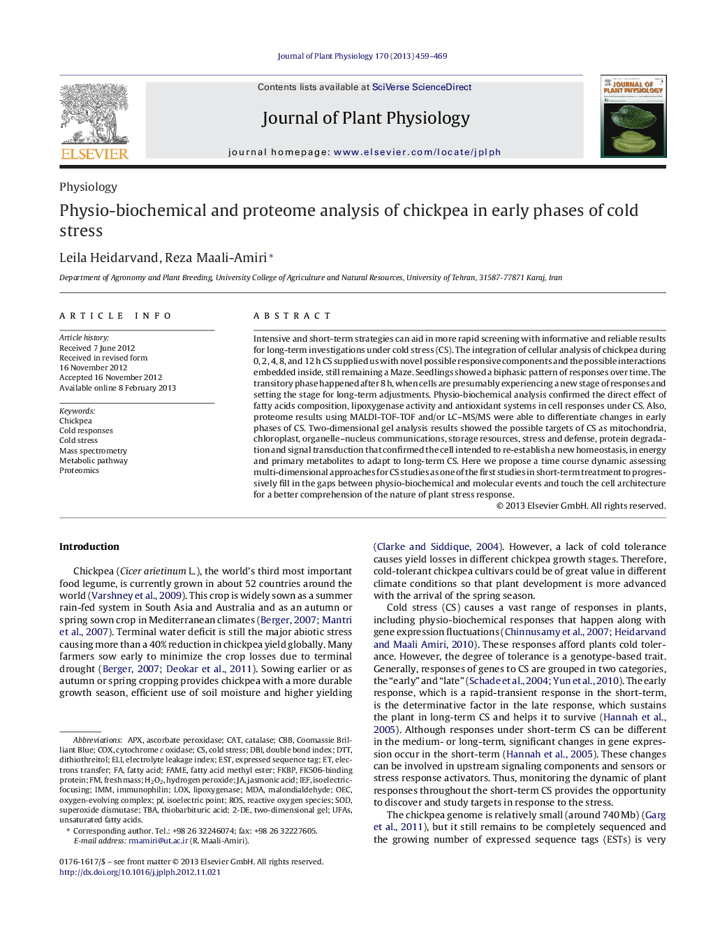 Physio-biochemical and proteome analysis of chickpea in early phases of cold stress