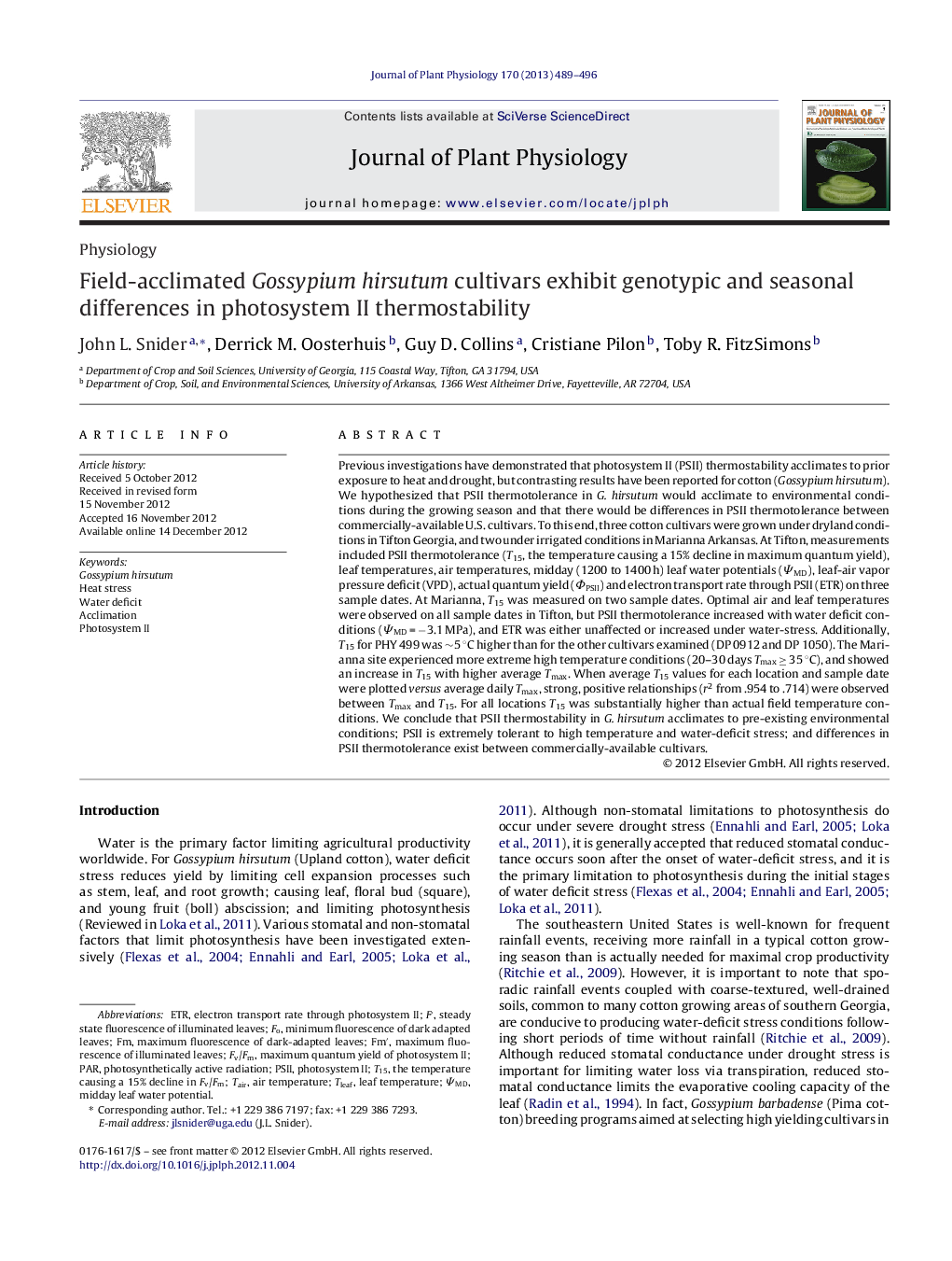 Field-acclimated Gossypium hirsutum cultivars exhibit genotypic and seasonal differences in photosystem II thermostability