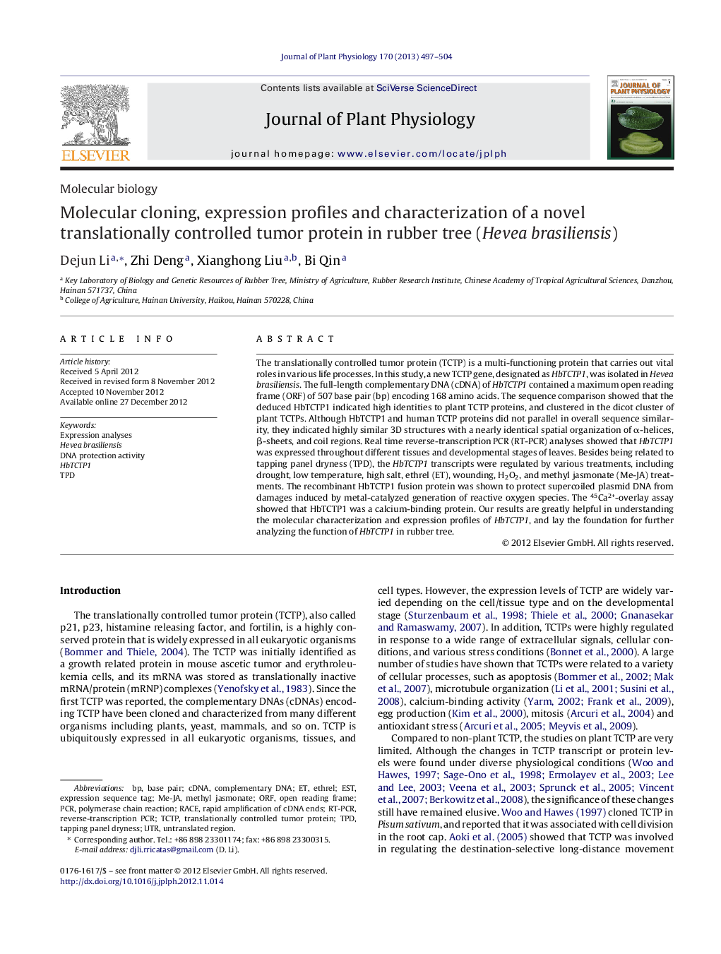 Molecular cloning, expression profiles and characterization of a novel translationally controlled tumor protein in rubber tree (Hevea brasiliensis)