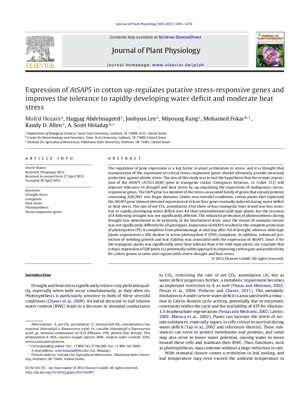 Expression of AtSAP5 in cotton up-regulates putative stress-responsive genes and improves the tolerance to rapidly developing water deficit and moderate heat stress