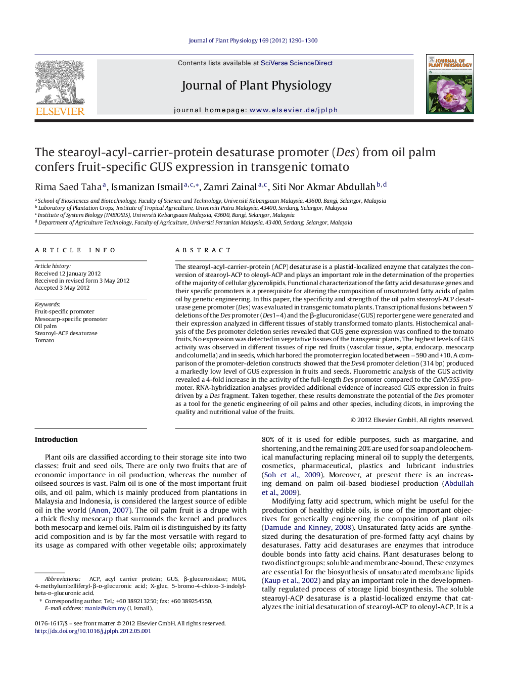 The stearoyl-acyl-carrier-protein desaturase promoter (Des) from oil palm confers fruit-specific GUS expression in transgenic tomato