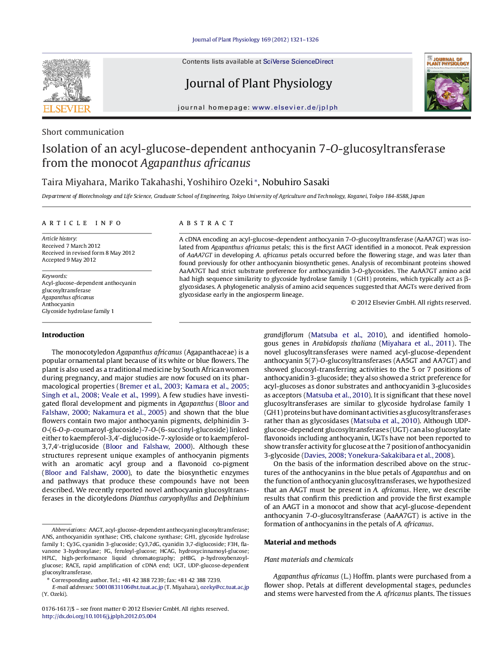 Isolation of an acyl-glucose-dependent anthocyanin 7-O-glucosyltransferase from the monocot Agapanthus africanus