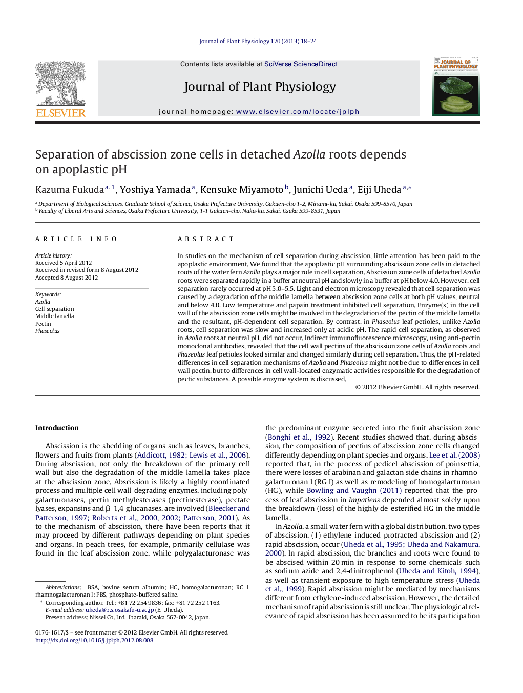 Separation of abscission zone cells in detached Azolla roots depends on apoplastic pH