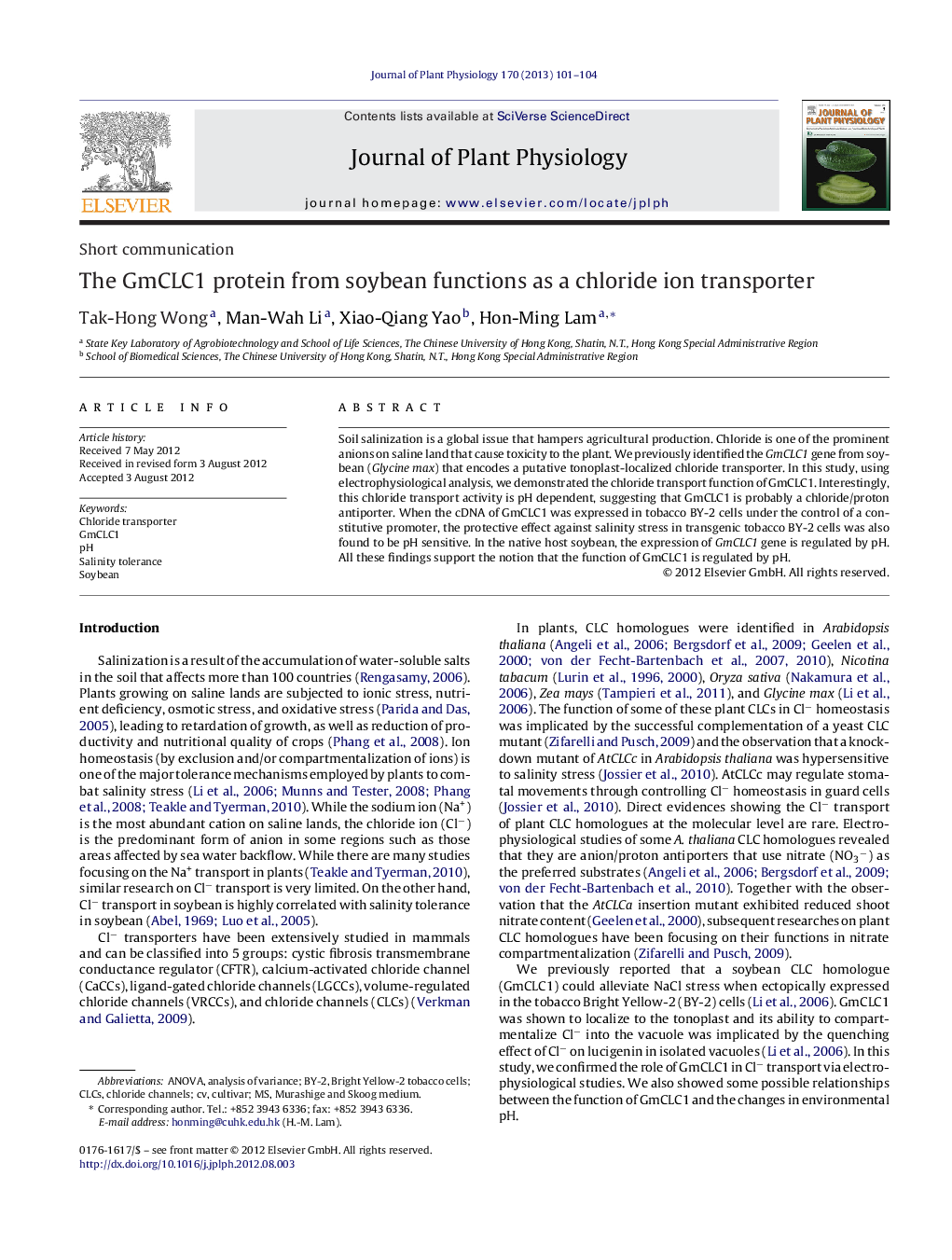 The GmCLC1 protein from soybean functions as a chloride ion transporter