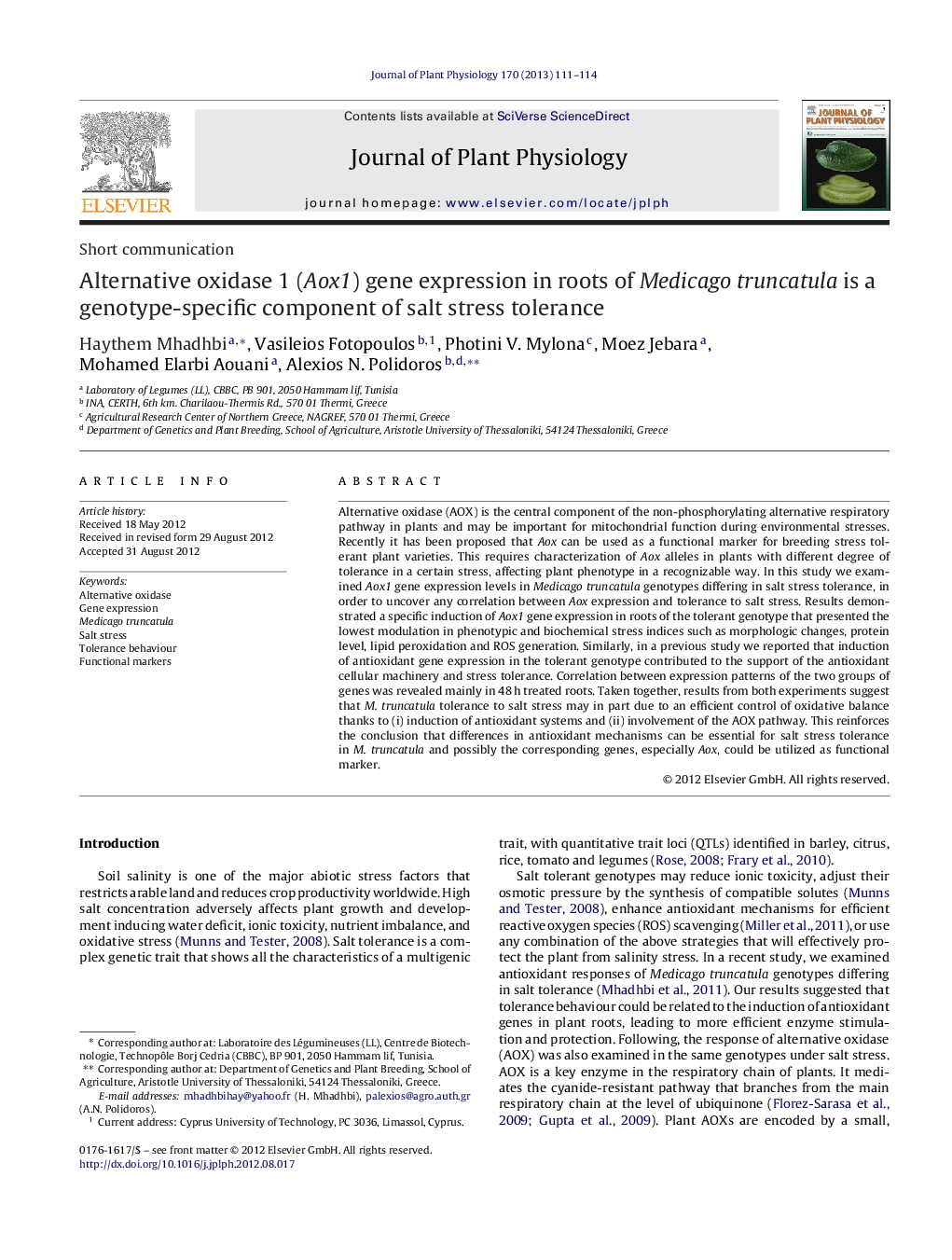 Alternative oxidase 1 (Aox1) gene expression in roots of Medicago truncatula is a genotype-specific component of salt stress tolerance