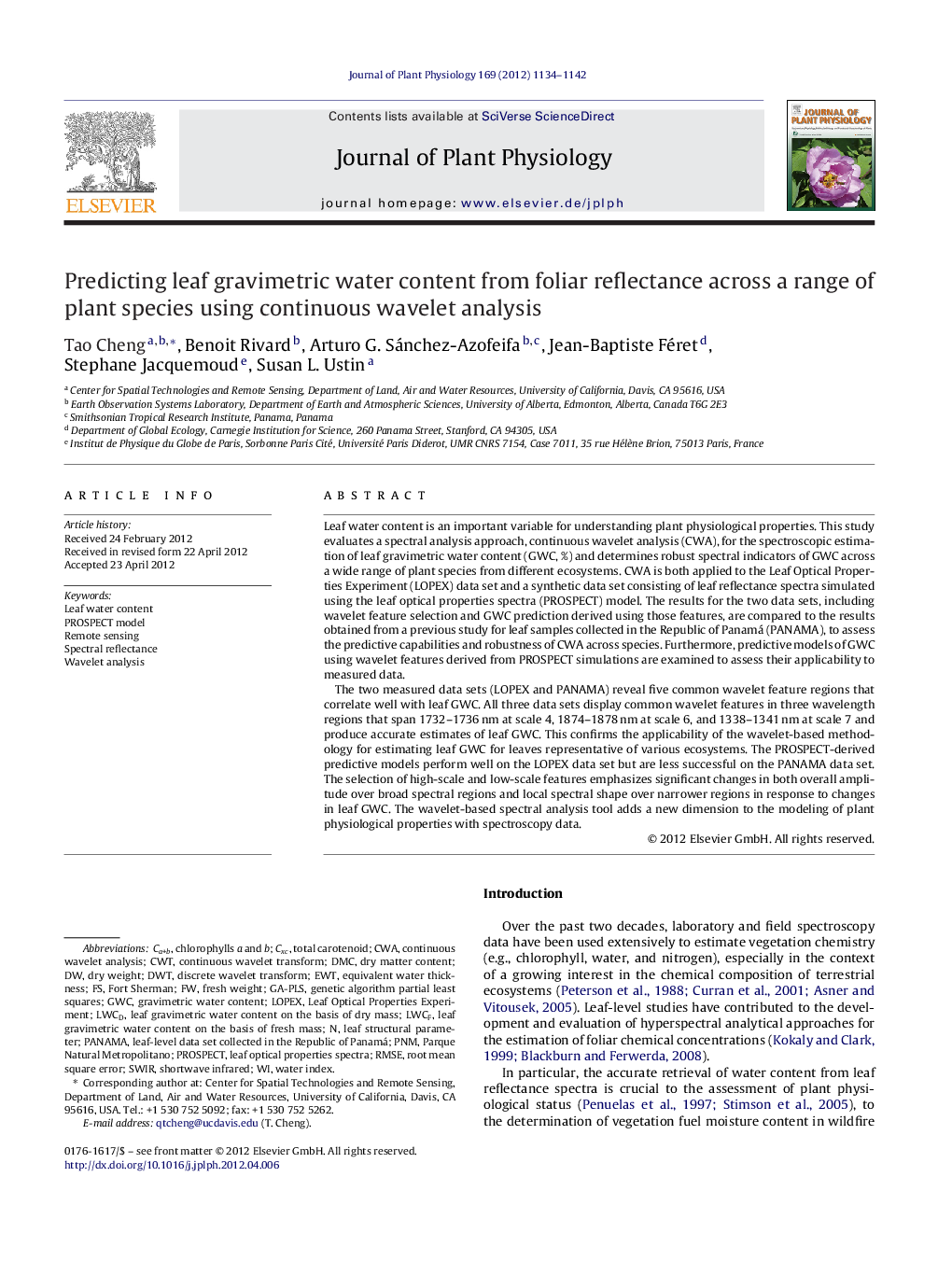 Predicting leaf gravimetric water content from foliar reflectance across a range of plant species using continuous wavelet analysis