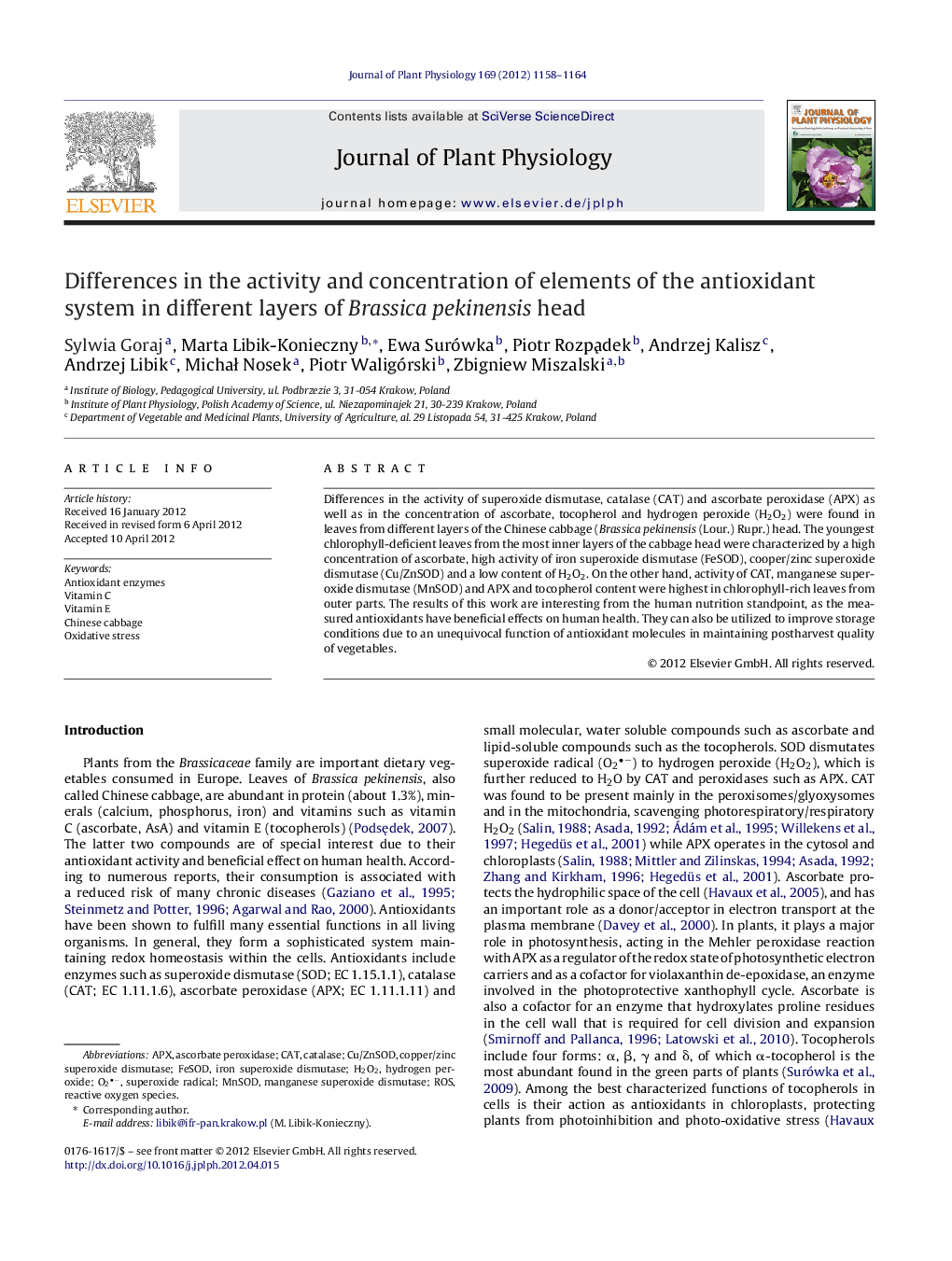 Differences in the activity and concentration of elements of the antioxidant system in different layers of Brassica pekinensis head