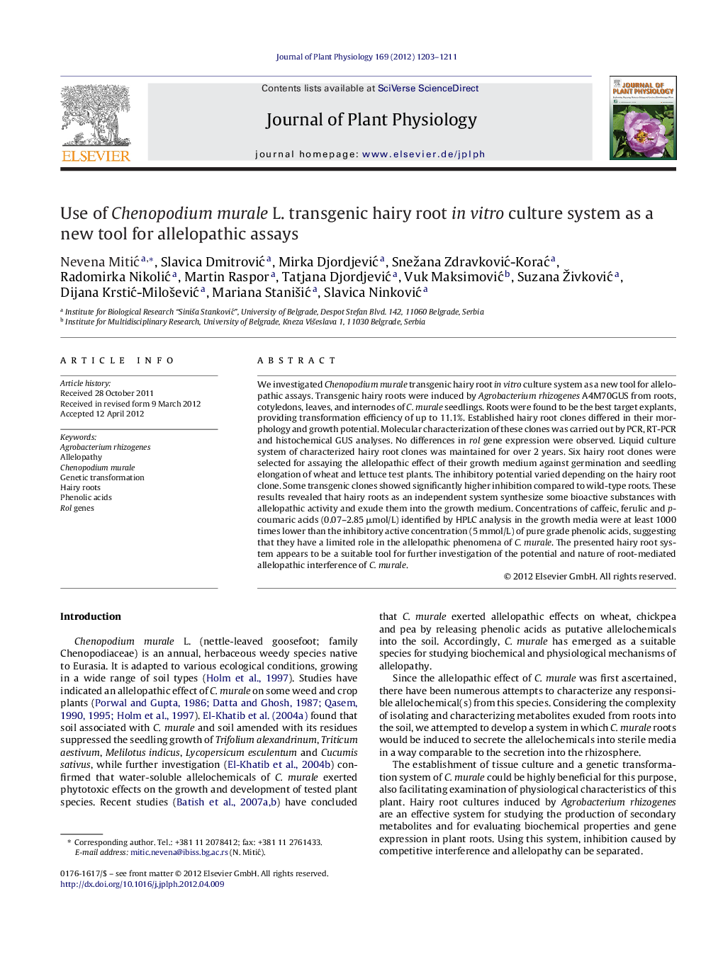 Use of Chenopodium murale L. transgenic hairy root in vitro culture system as a new tool for allelopathic assays