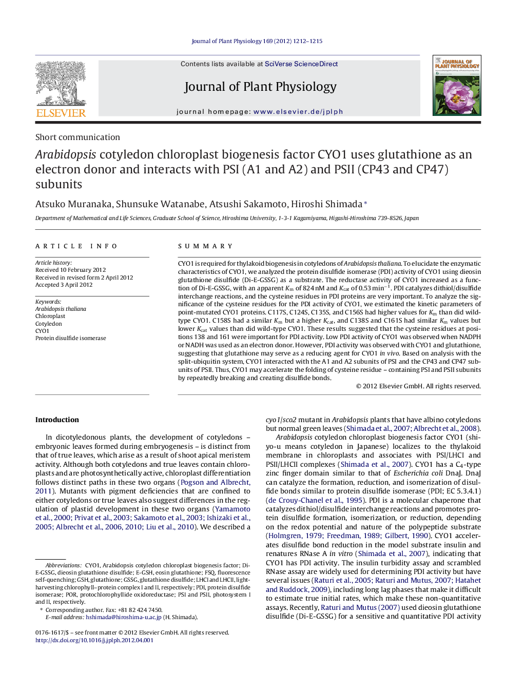 Arabidopsis cotyledon chloroplast biogenesis factor CYO1 uses glutathione as an electron donor and interacts with PSI (A1 and A2) and PSII (CP43 and CP47) subunits