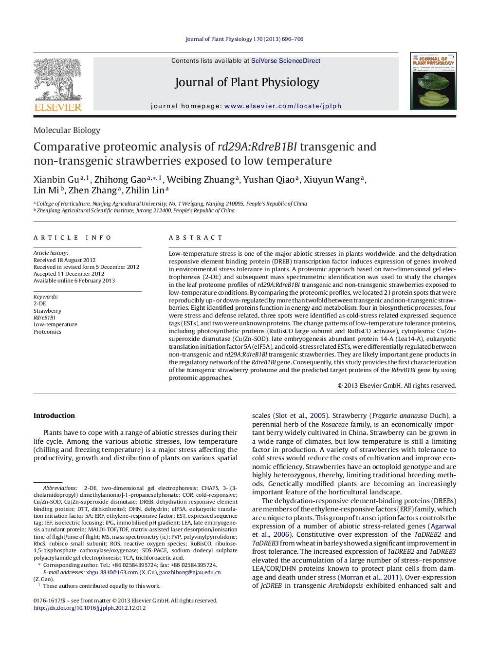 Comparative proteomic analysis of rd29A:RdreB1BI transgenic and non-transgenic strawberries exposed to low temperature