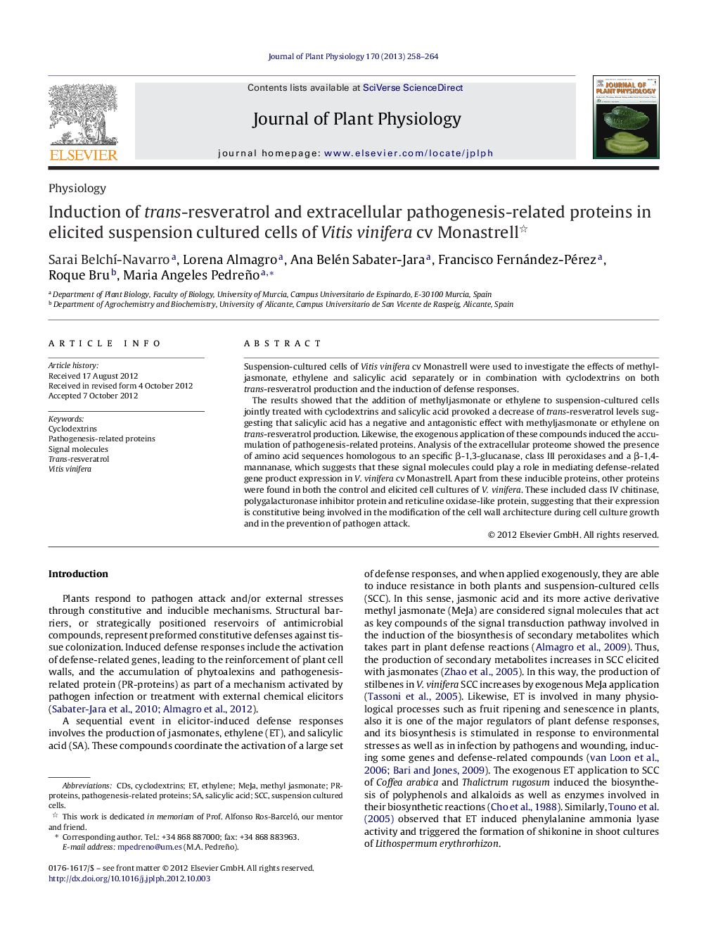 Induction of trans-resveratrol and extracellular pathogenesis-related proteins in elicited suspension cultured cells of Vitis vinifera cv Monastrell 