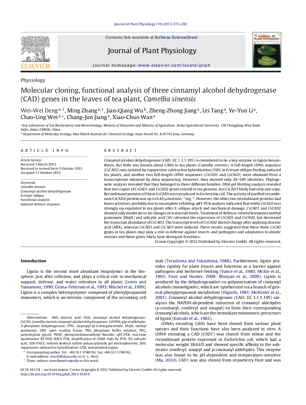 Molecular cloning, functional analysis of three cinnamyl alcohol dehydrogenase (CAD) genes in the leaves of tea plant, Camellia sinensis