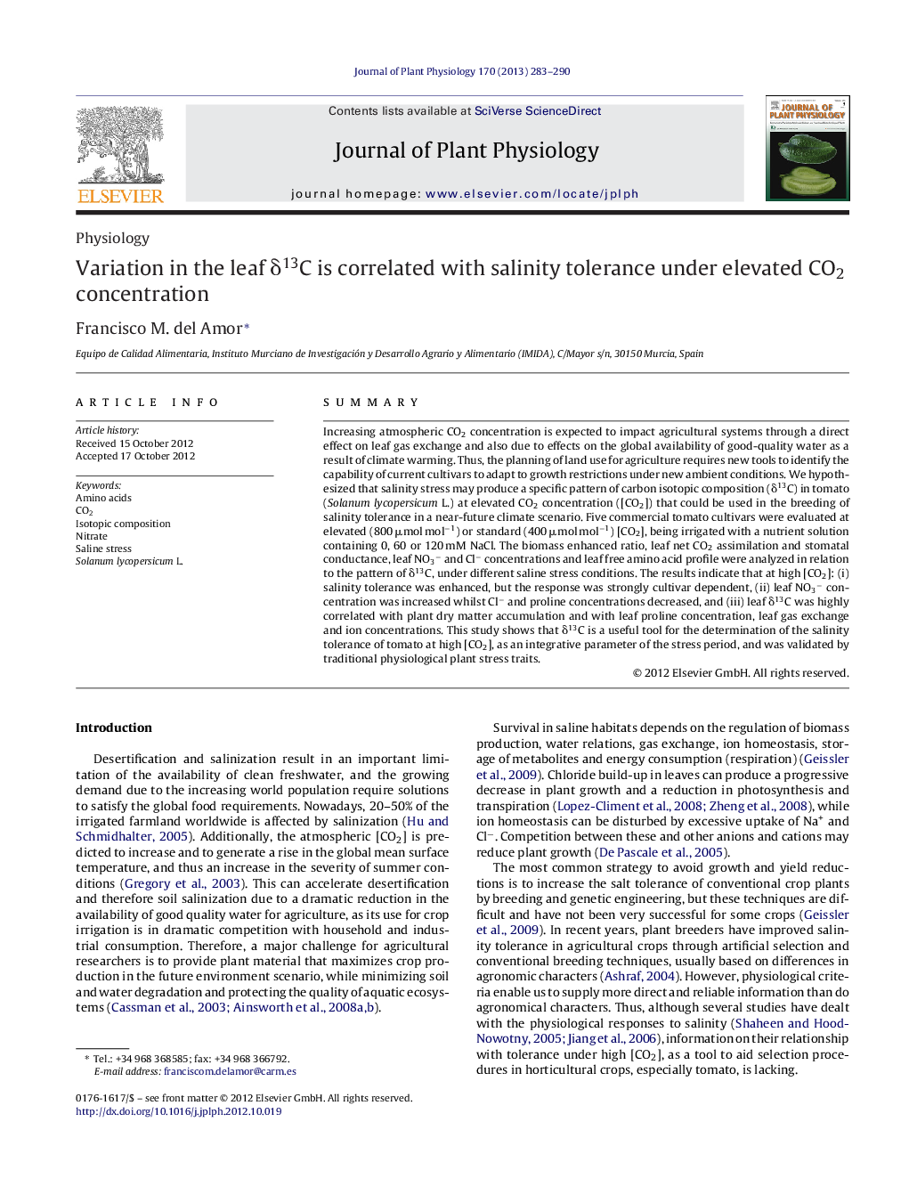 Variation in the leaf δ13C is correlated with salinity tolerance under elevated CO2 concentration