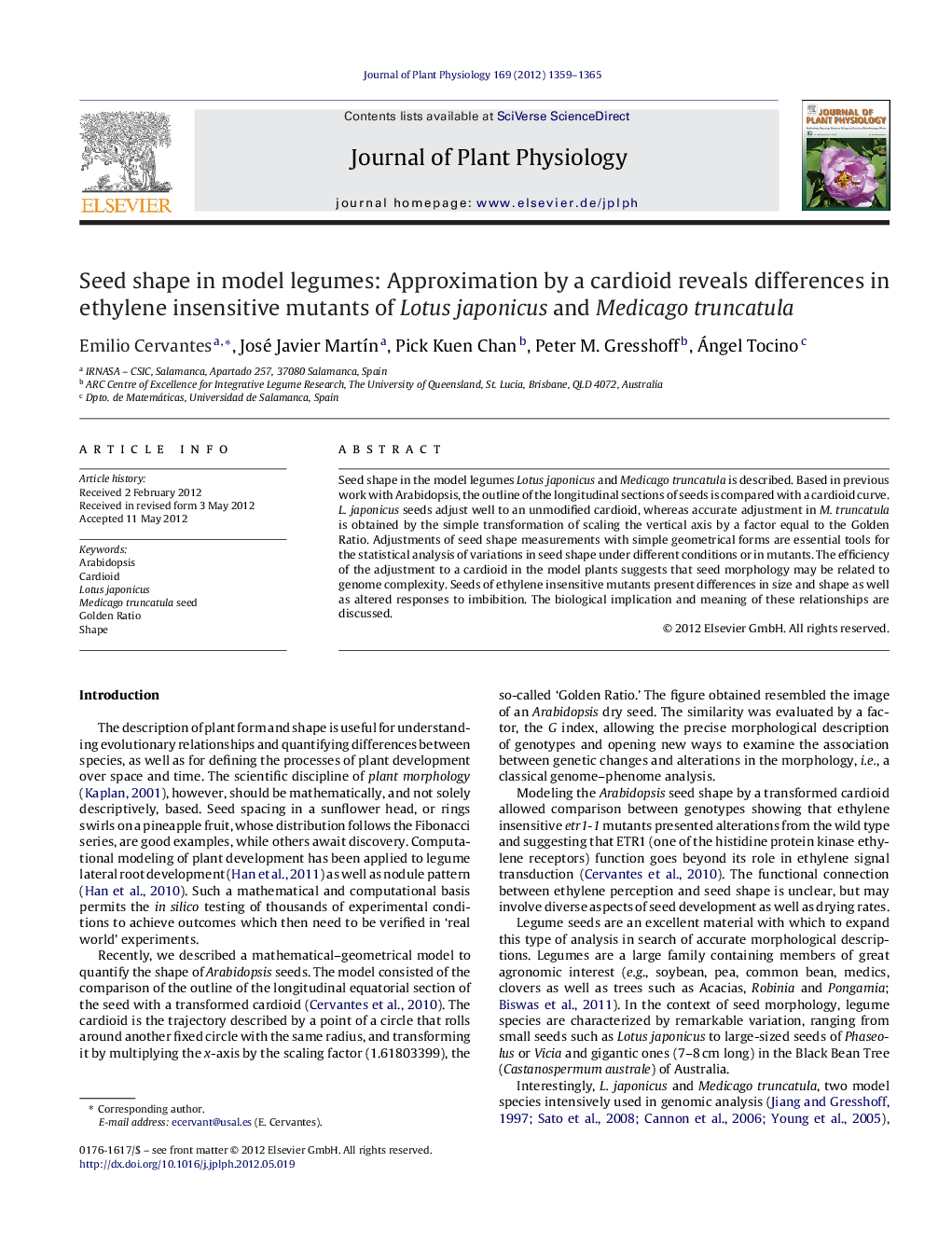 Seed shape in model legumes: Approximation by a cardioid reveals differences in ethylene insensitive mutants of Lotus japonicus and Medicago truncatula