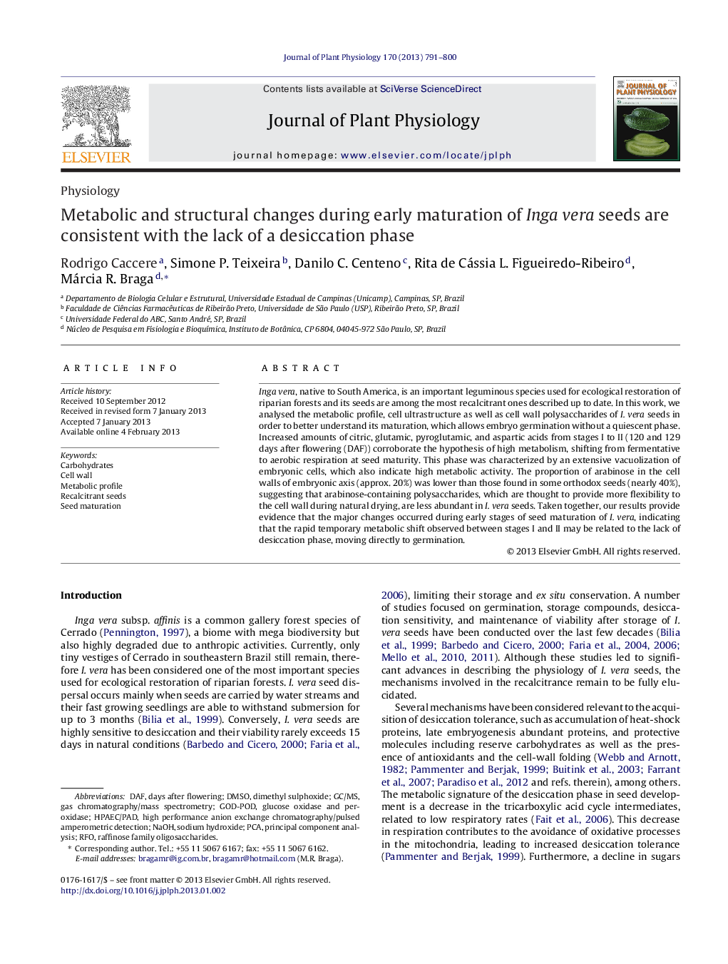 Metabolic and structural changes during early maturation of Inga vera seeds are consistent with the lack of a desiccation phase